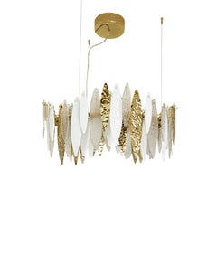 Round suspension lamp Ice Rain white, transparent glass and gold metal leaves