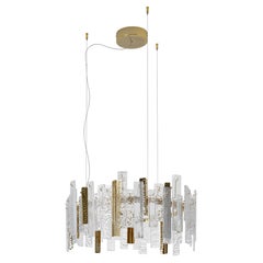 Round Suspension Lamp with Light Gold Frame, Transparent Glass Pendants, Italy