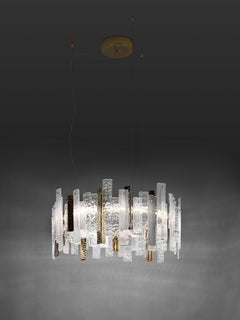 Round Suspension Lamp with Light Gold Frame, Transparent Glass Pendants, Italy