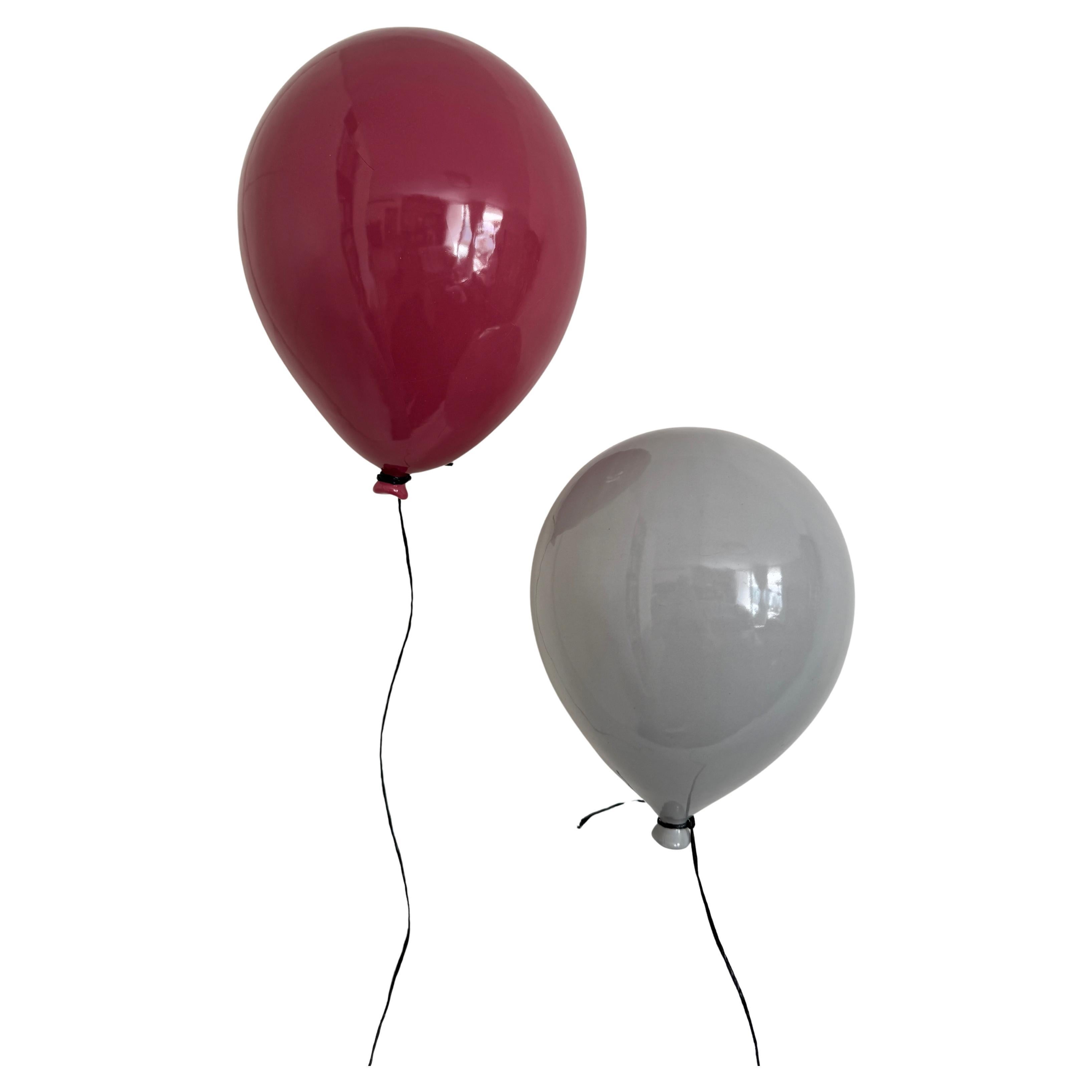 Set of 2 Handmade Ceramic Balloon Sculptures - Cranberry pink and Gray