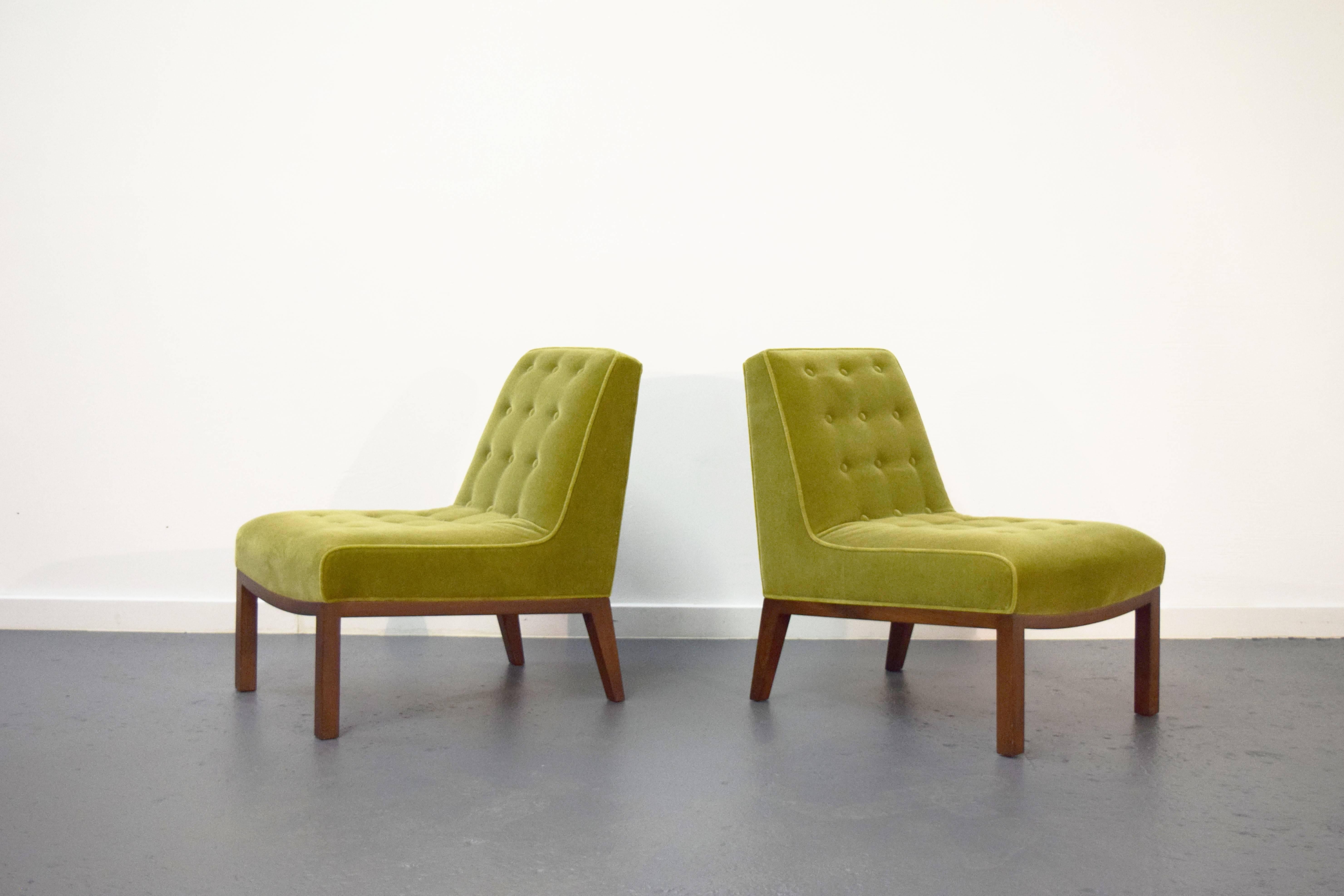 Pair of slipper chairs by Edward Wormley for Dunbar. Chairs are reupholstered in a Maharam Mohair.