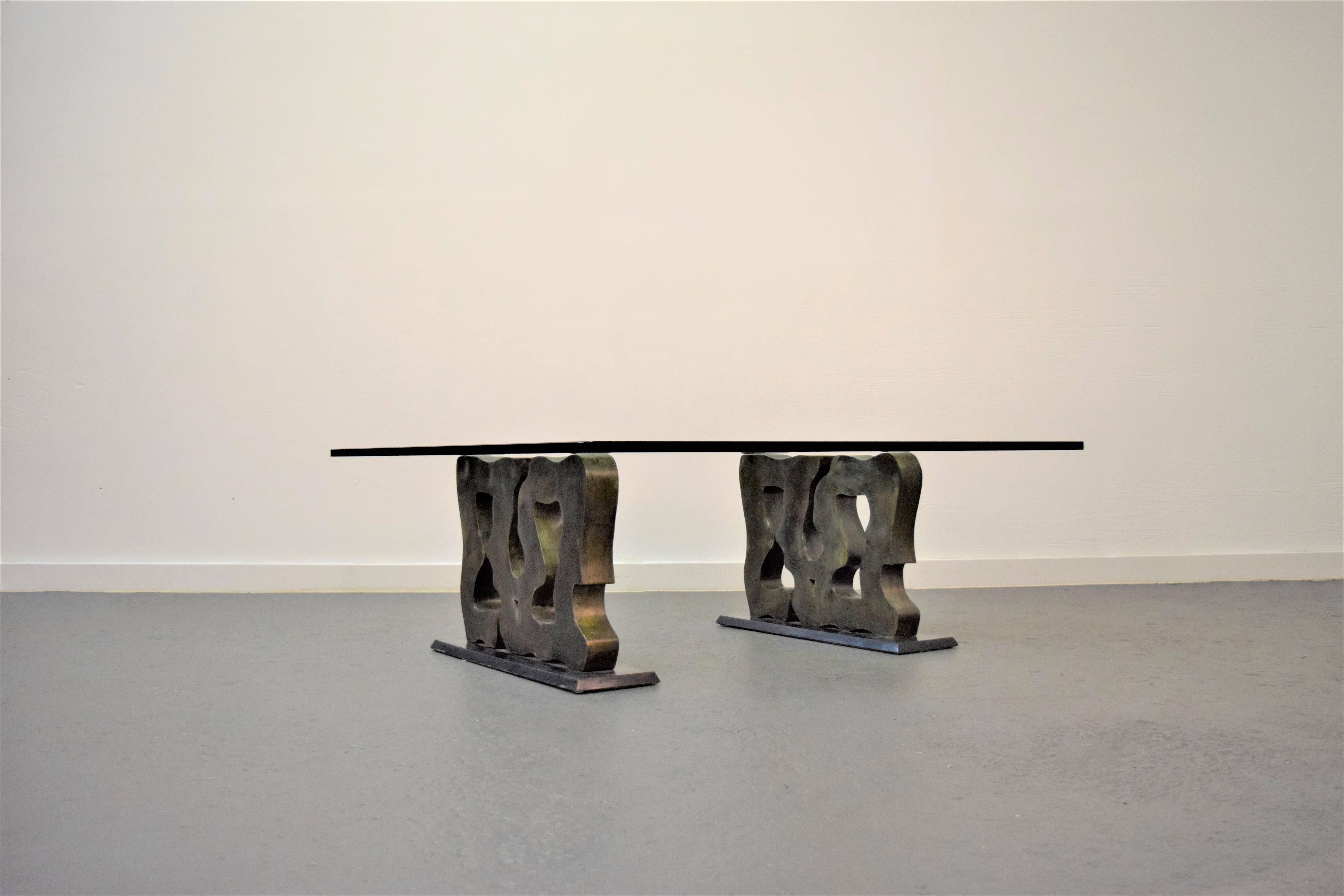 Unique Philip & Kelvin Laverne abstract coffee table. Both bases are signed and dated.