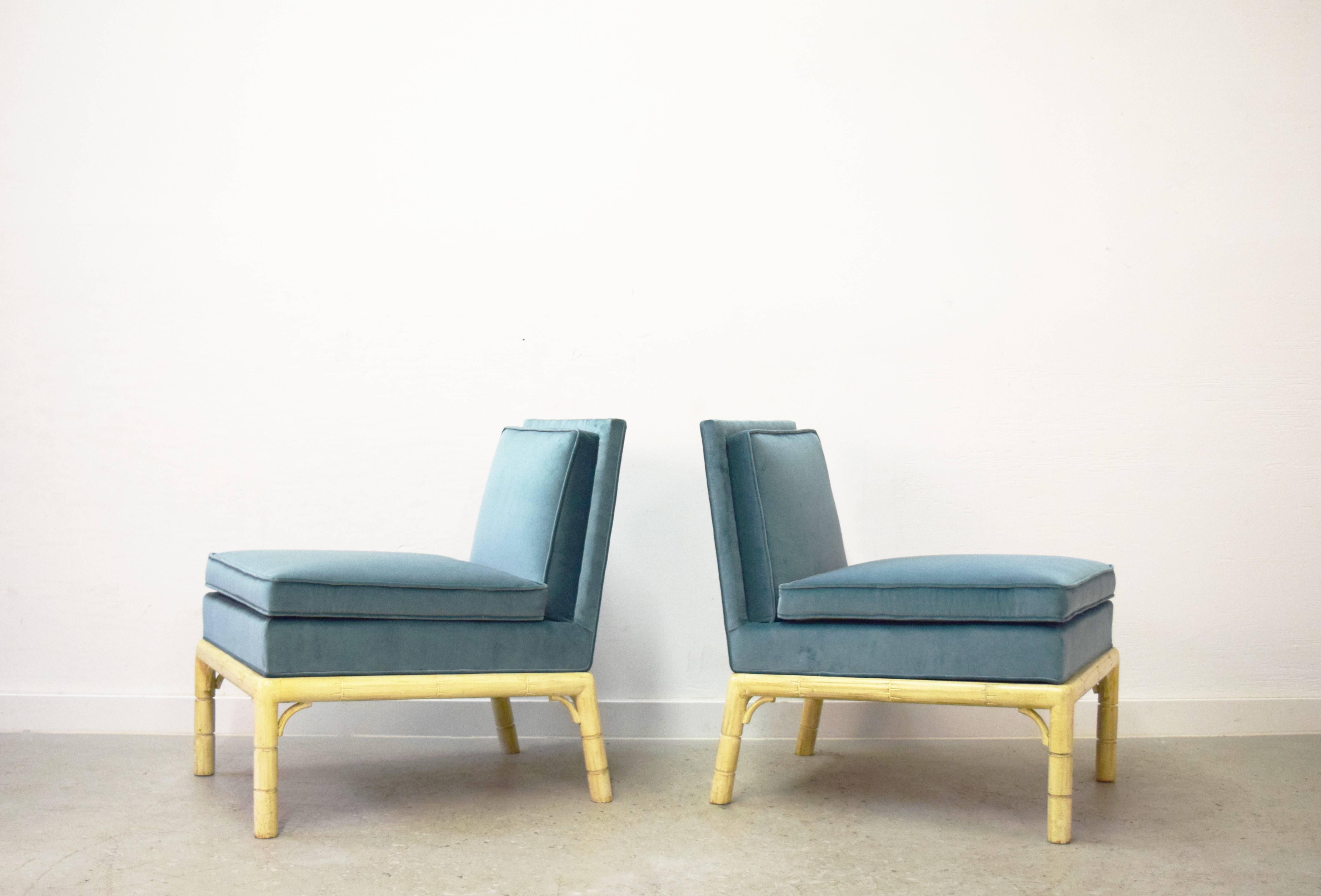 Mid-Century Modern Pair of Faux Bamboo Slipper Lounge Chairs