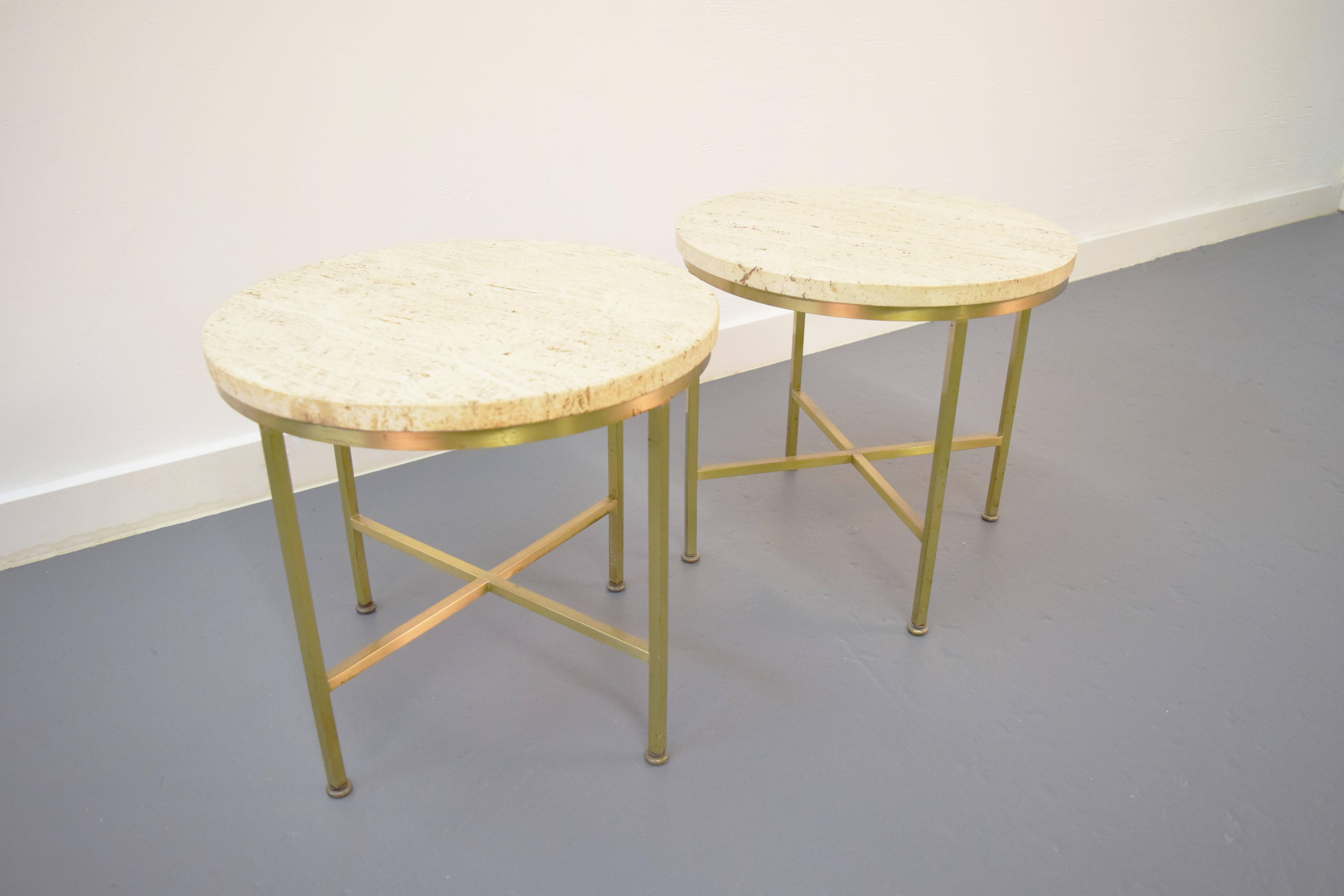 Travertine and brass occasional tables by Paul McCobb for Directional.