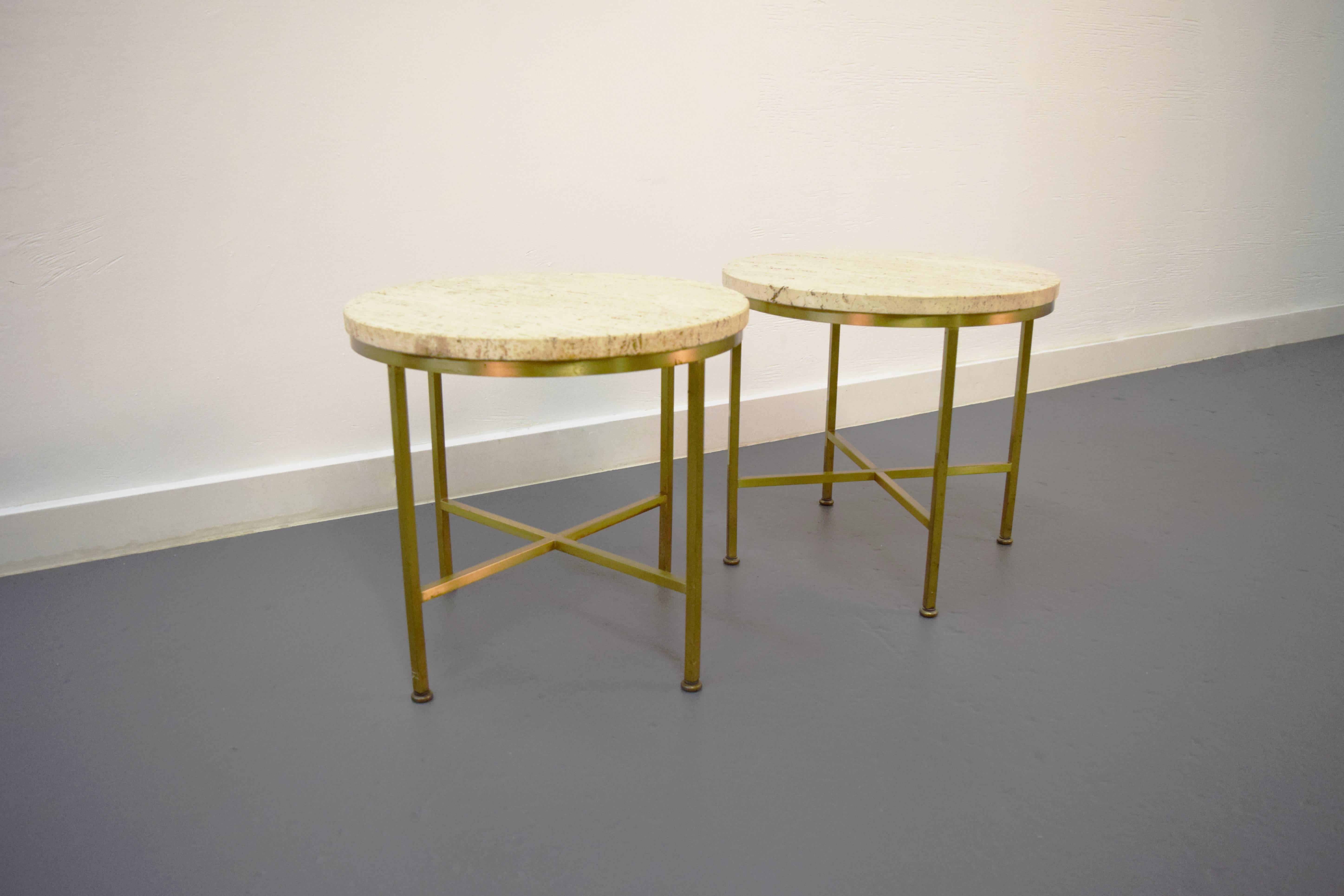 Mid-Century Modern Travertine and Brass Occasional Tables by Paul McCobb for Directional 