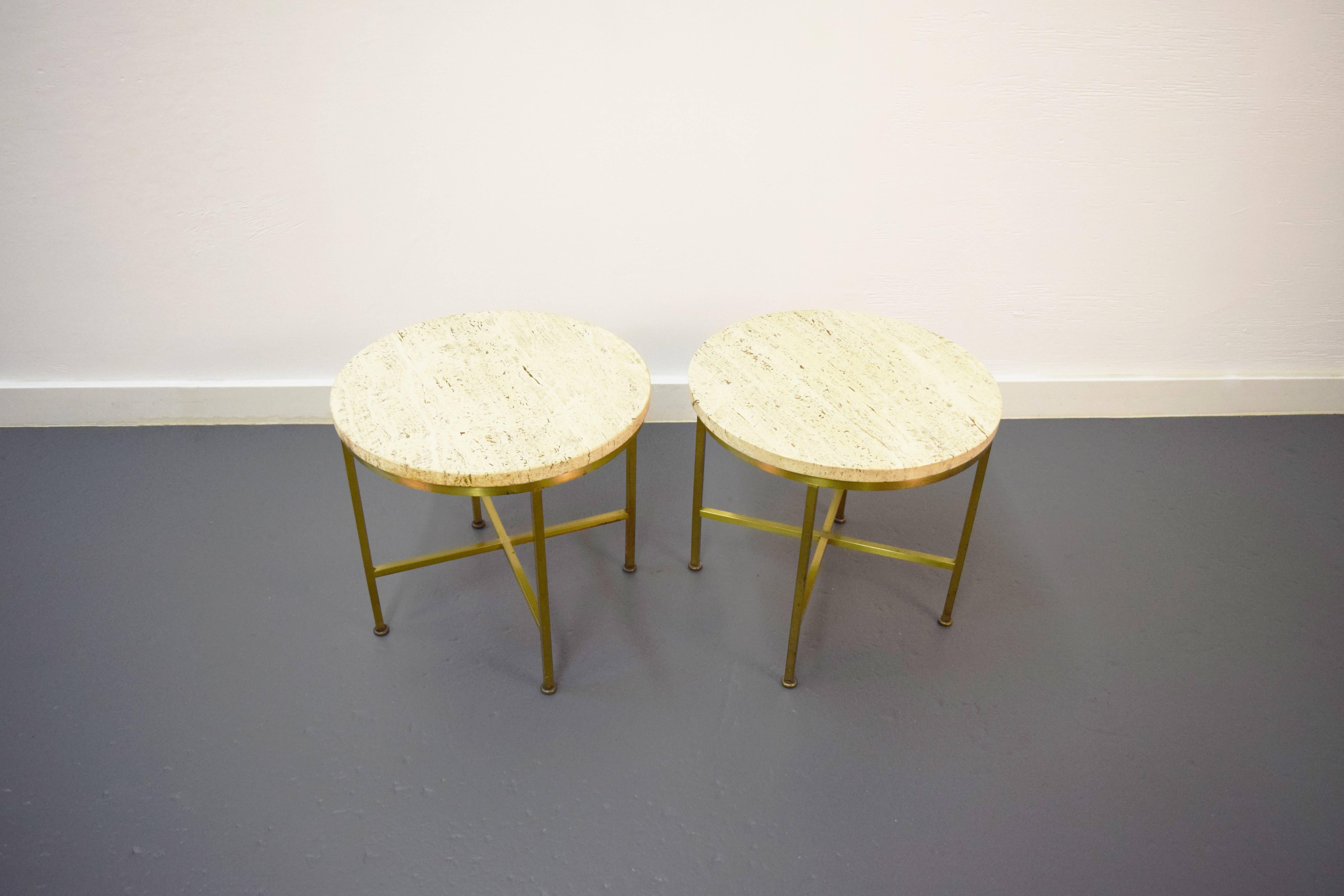 Travertine and Brass Occasional Tables by Paul McCobb for Directional  In Good Condition In Middlesex, NJ