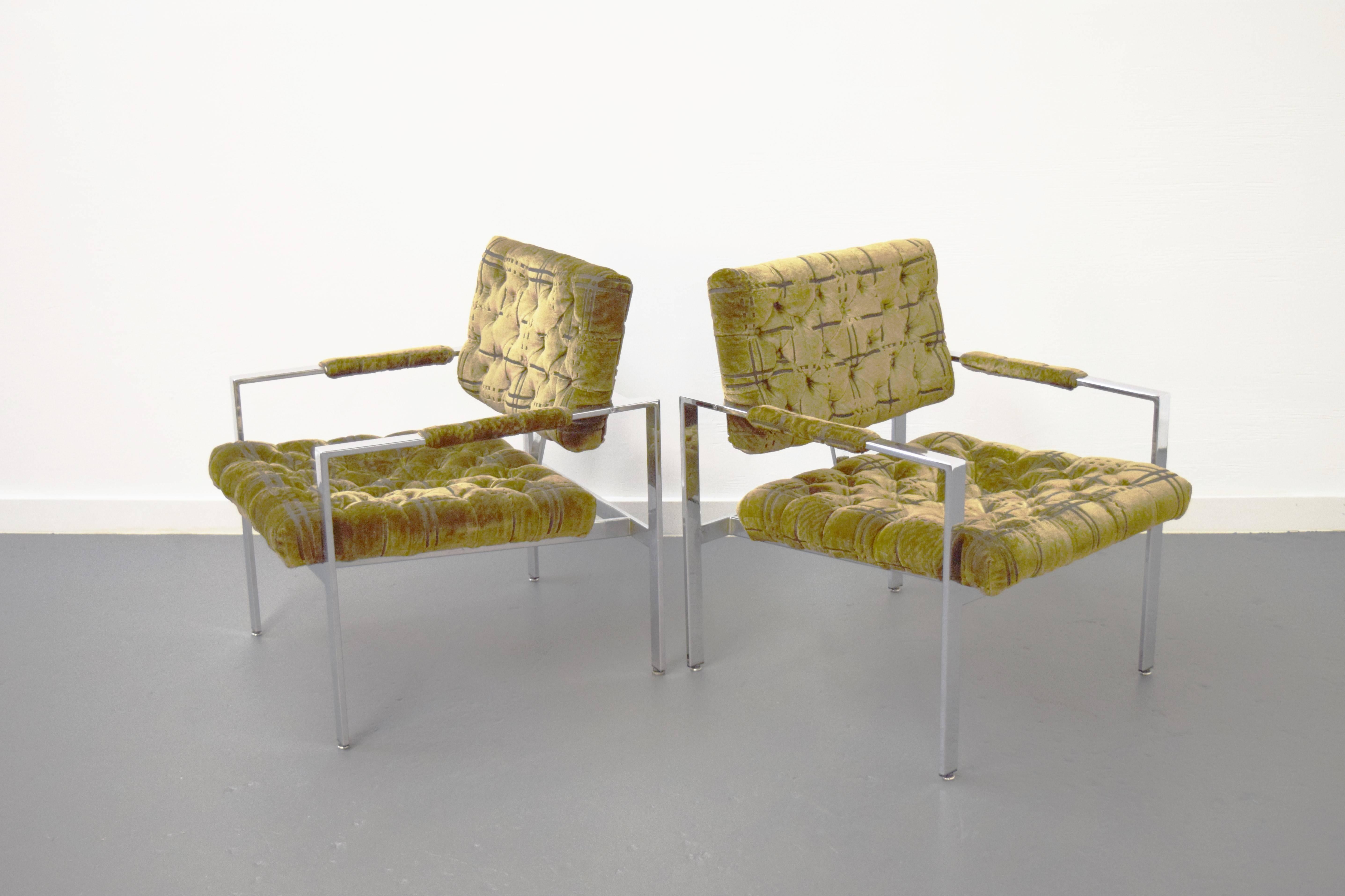 Pair of Milo Baughman for Thayer Coggin tufted chrome lounge chairs.
