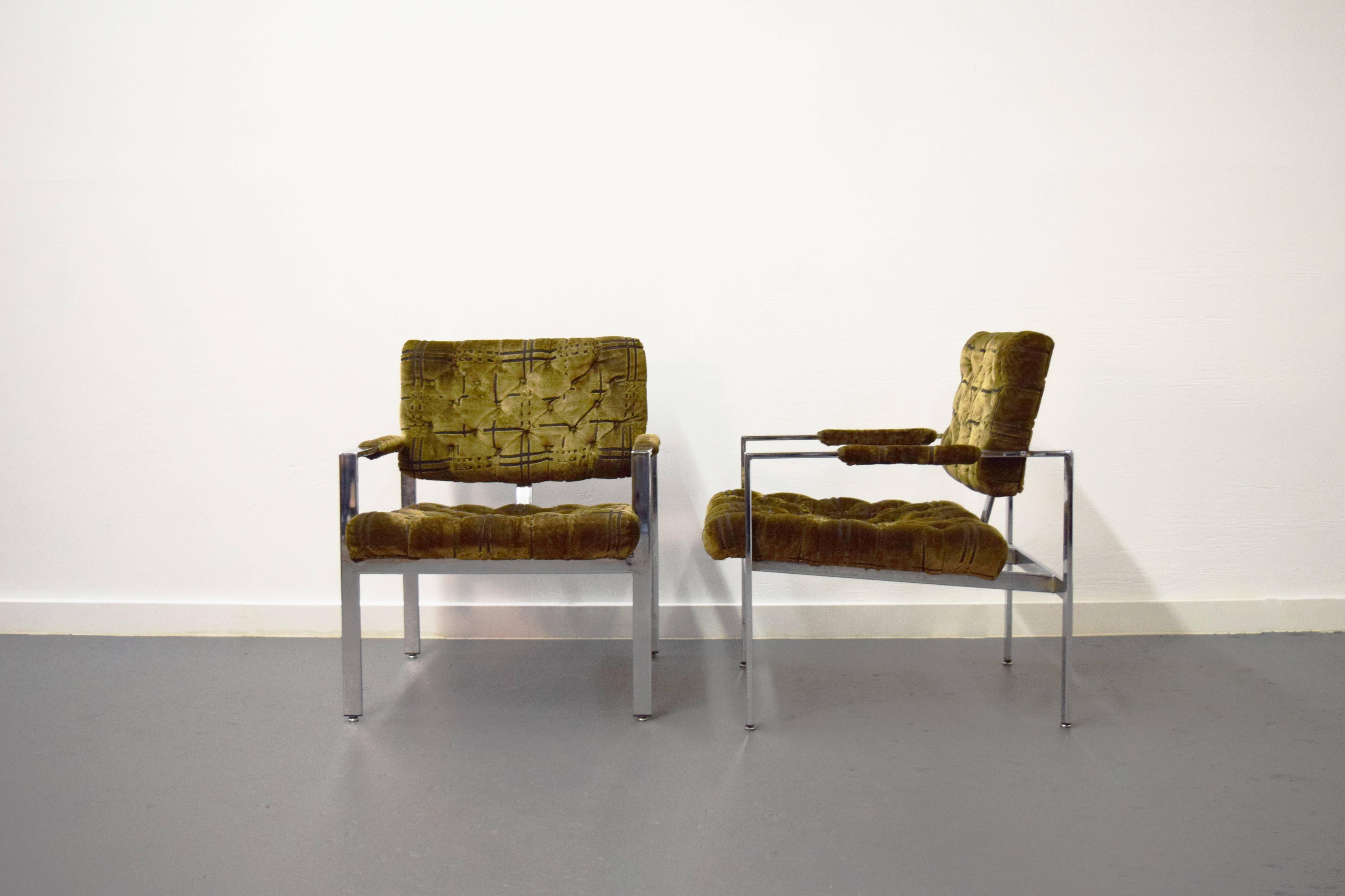 20th Century Pair of Milo Baughman for Thayer Coggin Tufted Chrome Lounge Chairs