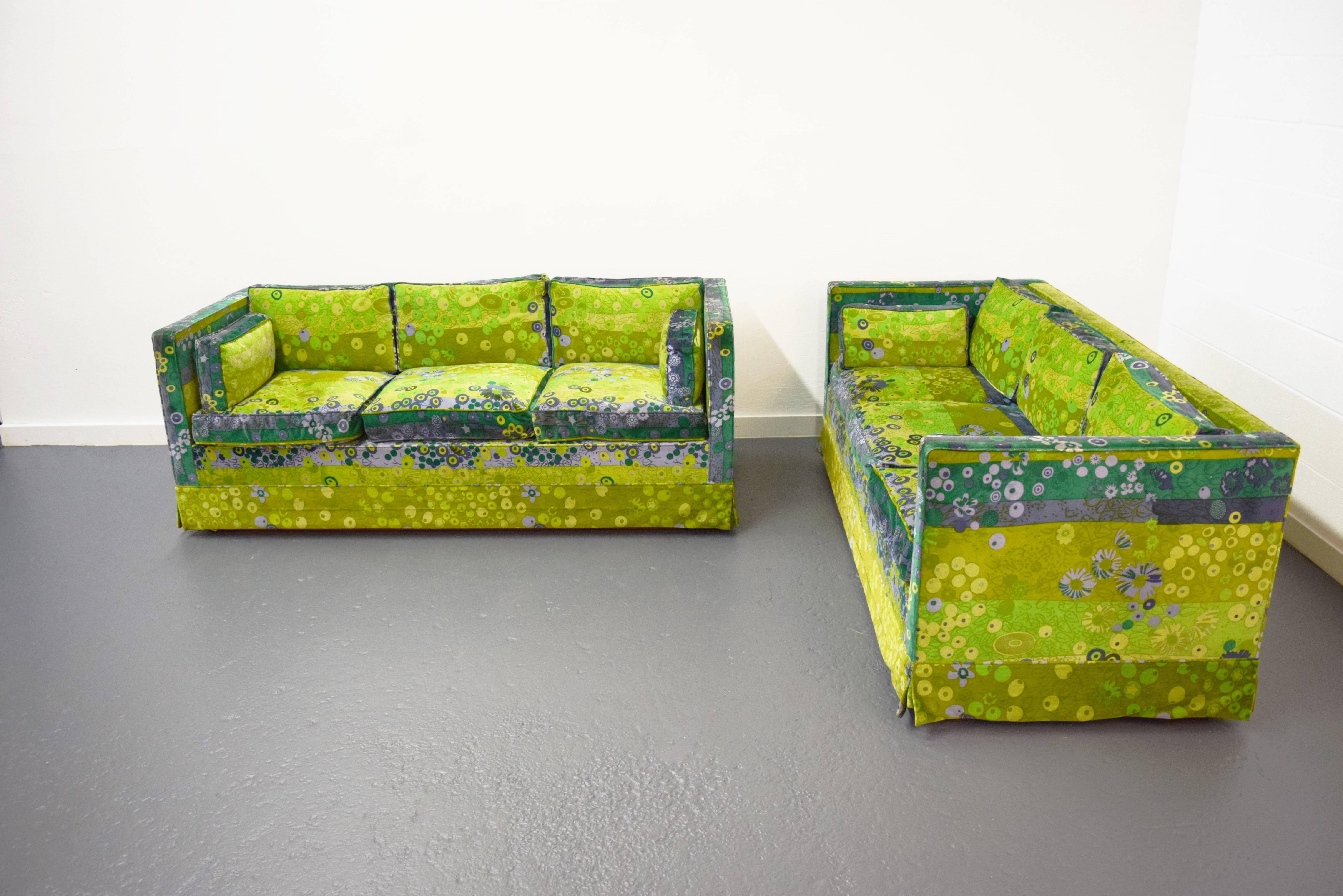 Pair of Mid-Century box sofas with original Jack Lenor Larsen fabric.