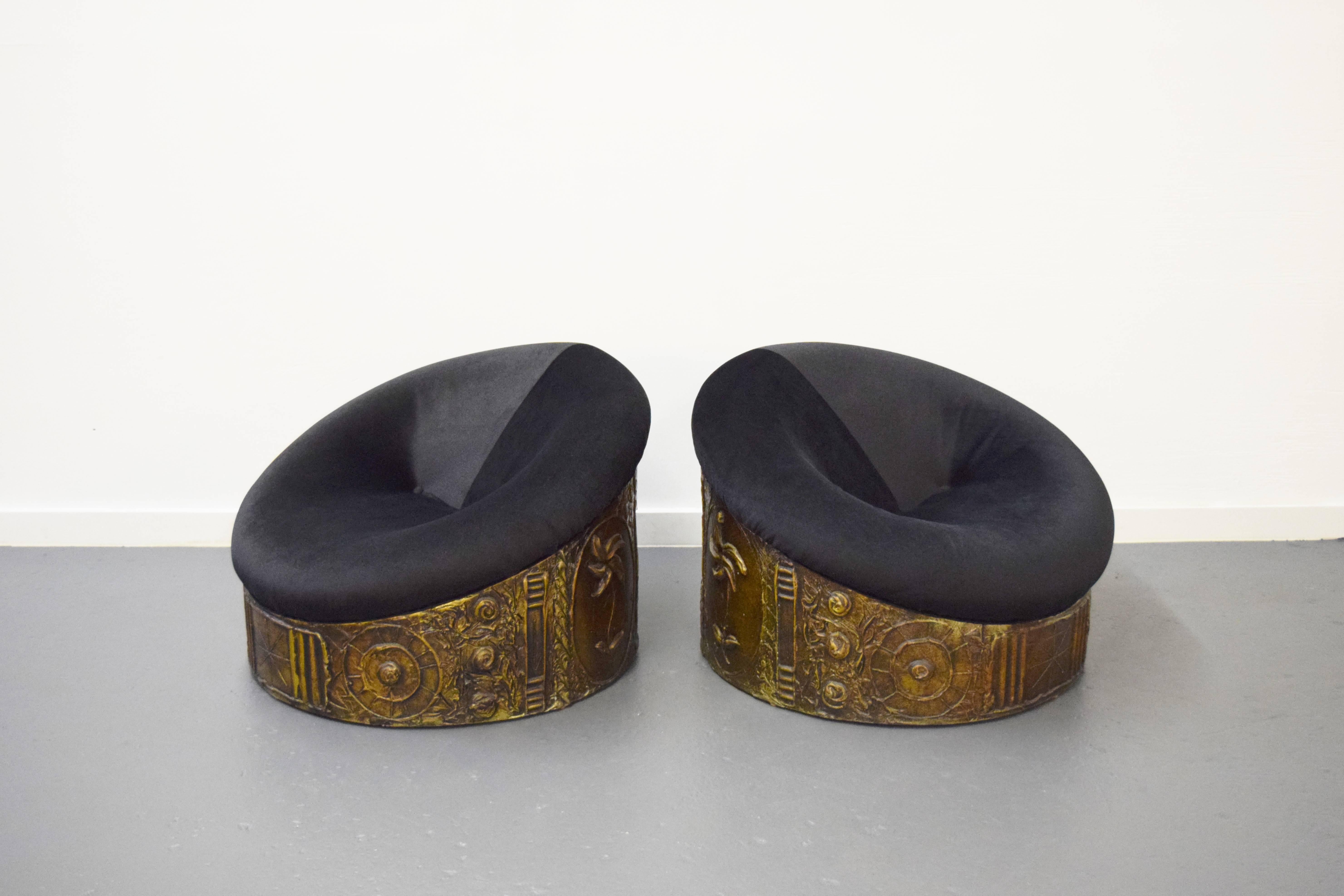 Pair of Adrian Pearsall Brutalist lounge chairs. Chairs have been reupholstered in a soft black velvet.