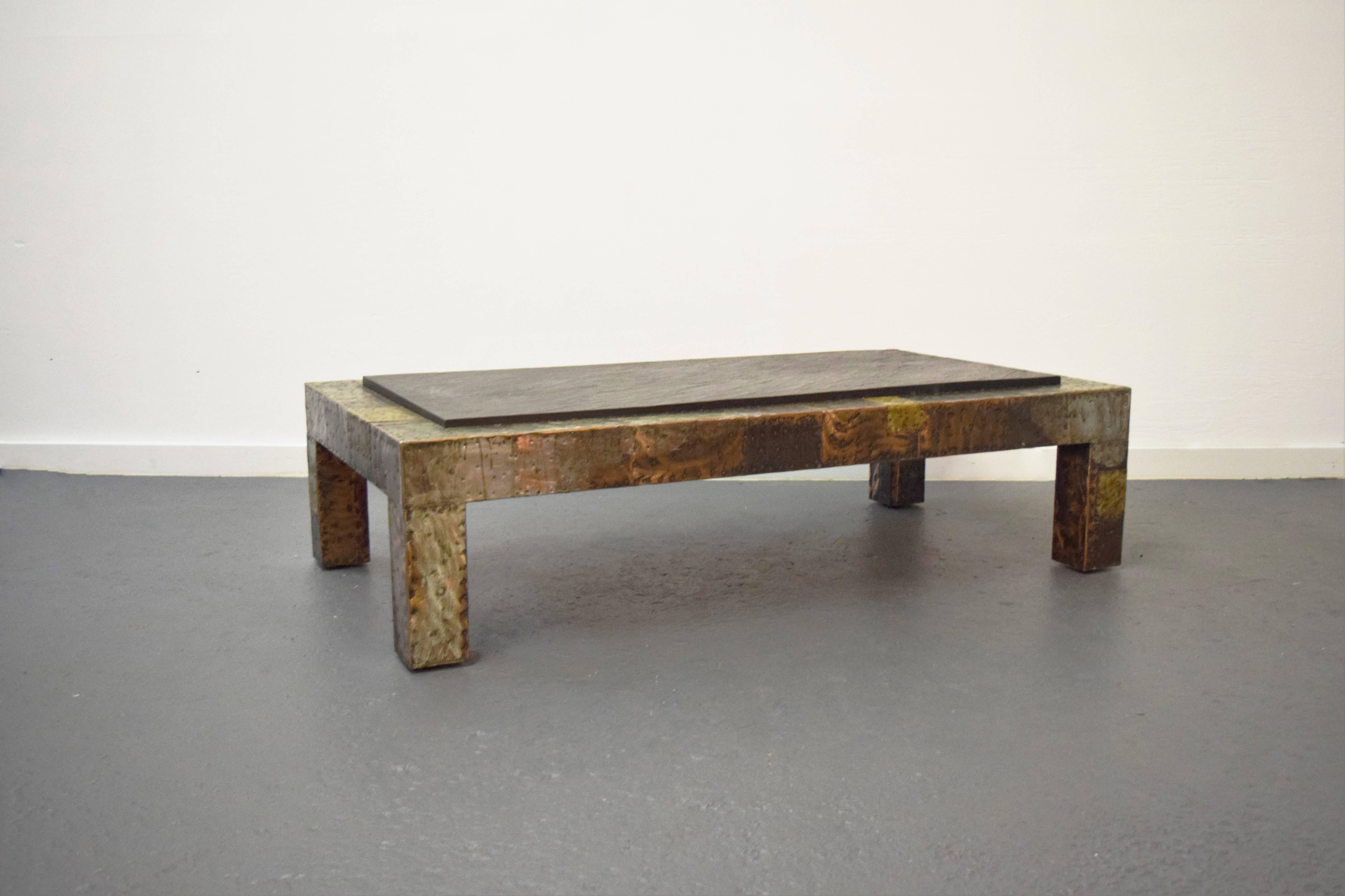 Large Paul Evans slate-top patchwork coffee table.