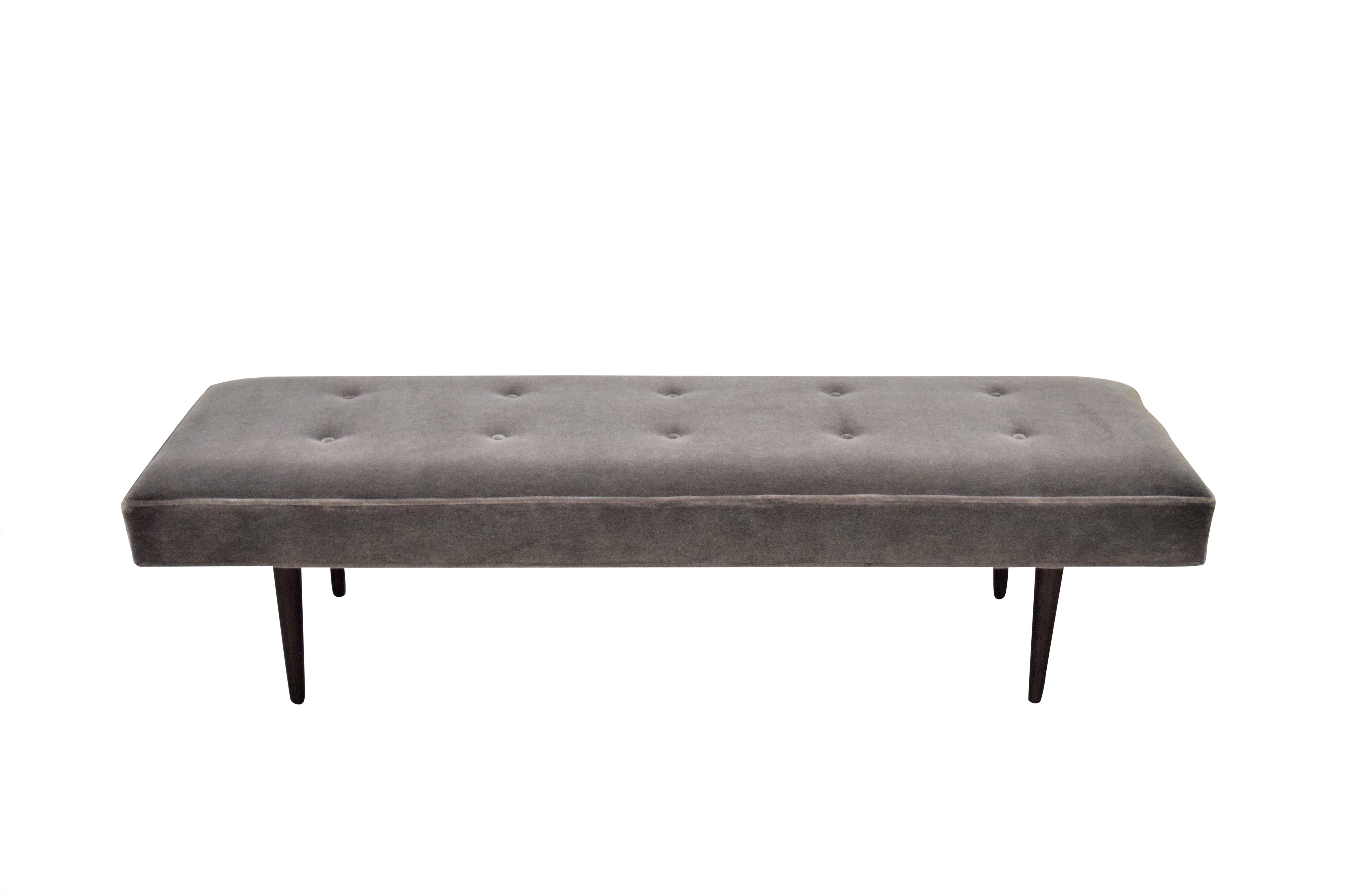 Milo Baughman for Thayer Coggin tufted bench mohair. Bench has been fully restored and upholstered in Mohair and legs in a dark walnut finish.