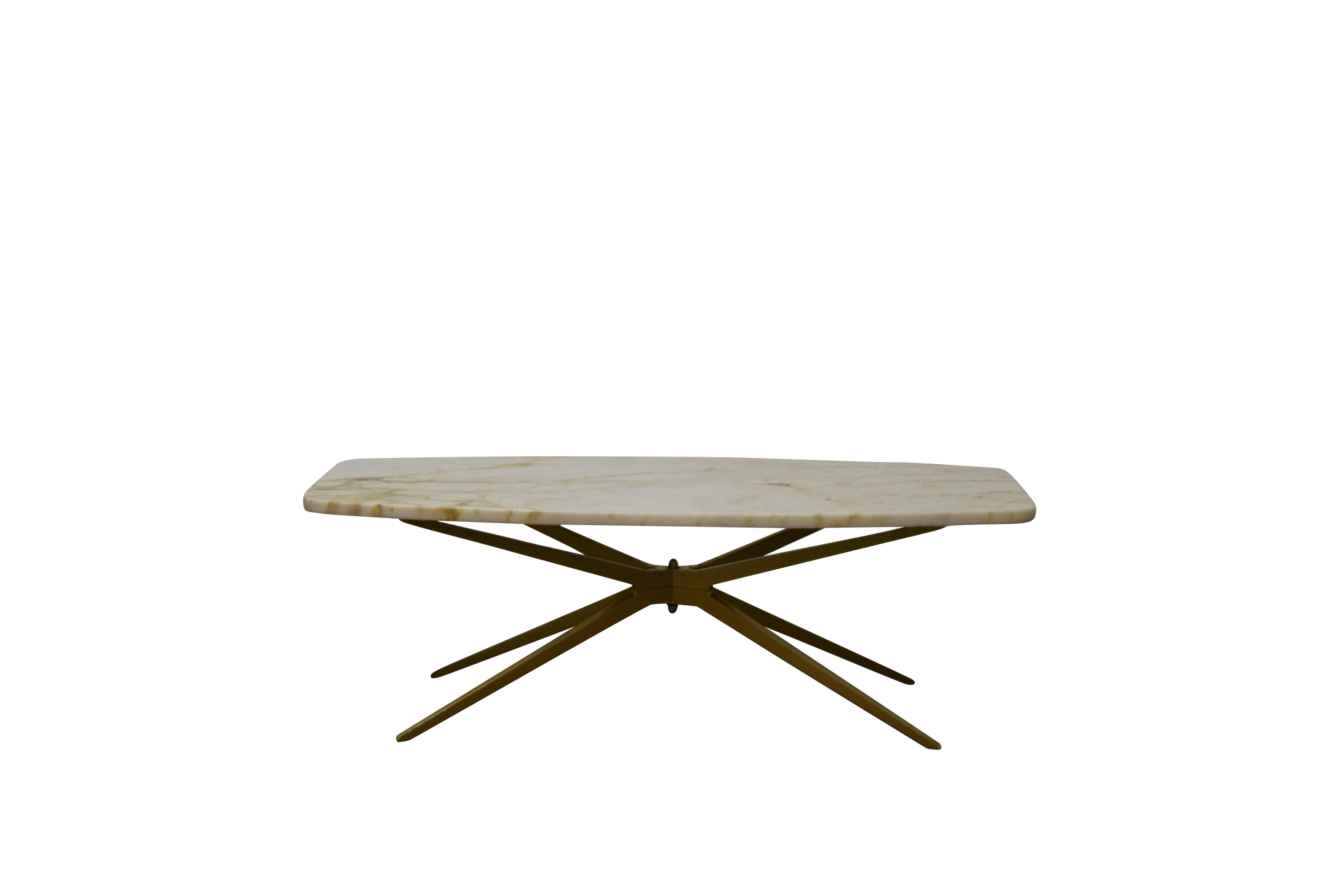 Italian marble-top starburst coffee table. The base is engraved made in Italy. Original marble top.