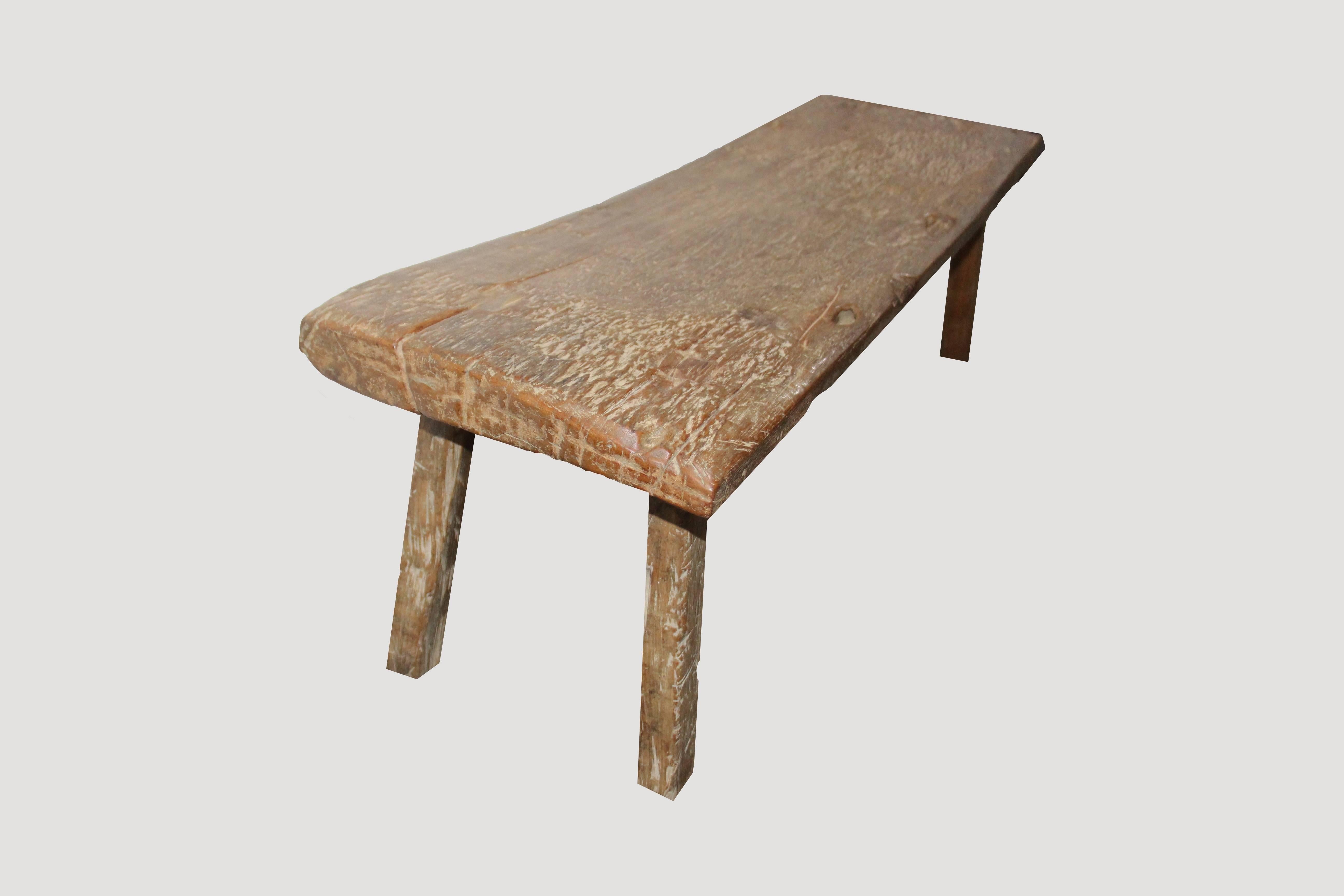 Antique bench/coffee table with beautiful patina.

This bench/coffee table was sourced in the spirit of wabi-sabi, a Japanese philosophy that beauty can be found in imperfection and impermanence. It’s a beauty of things modest and humble. It’s a