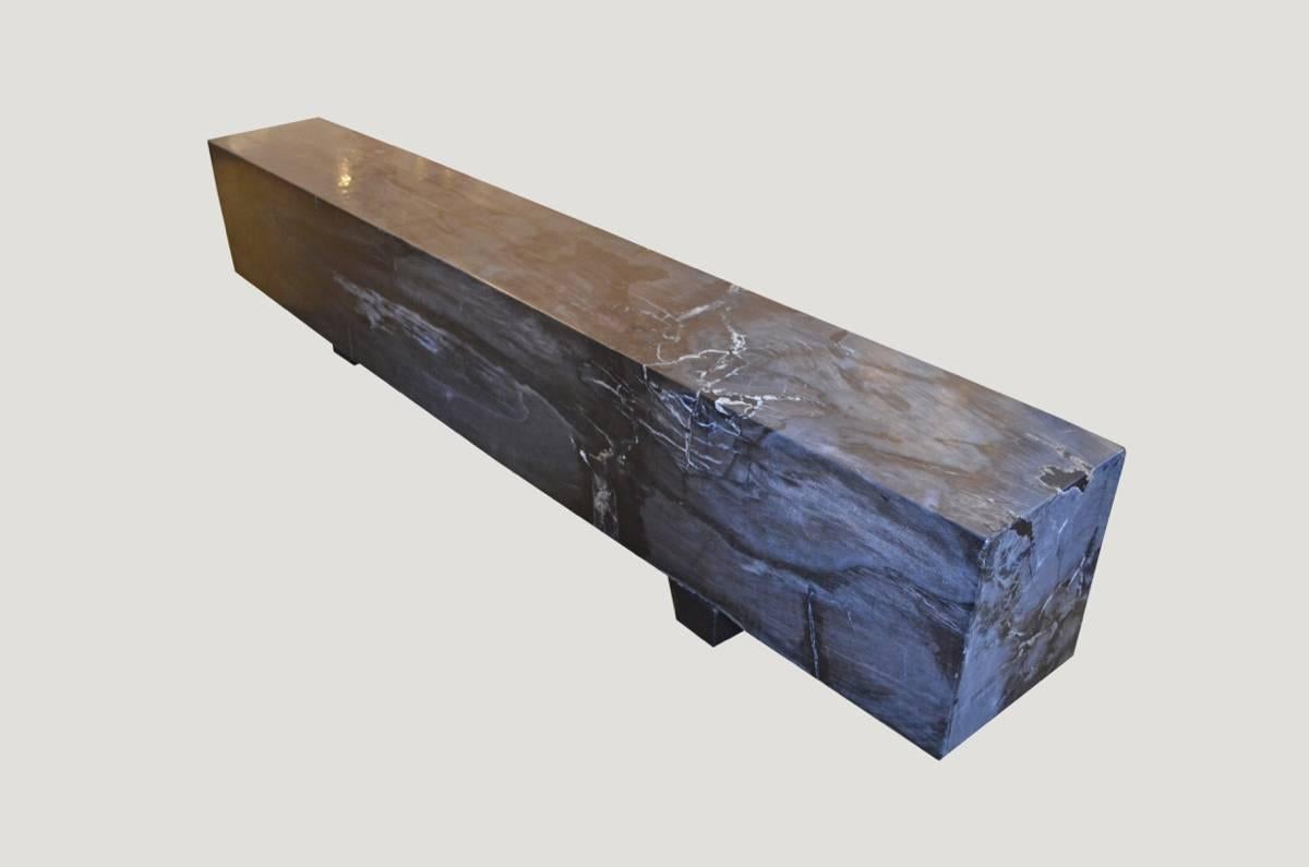 High quality petrified wood bench. This petrified wood log bench is in excellent condition which is rare due to the size. The stunning charcoal grey, black and white tones paired with the scale make this an impressive piece for any space.

We