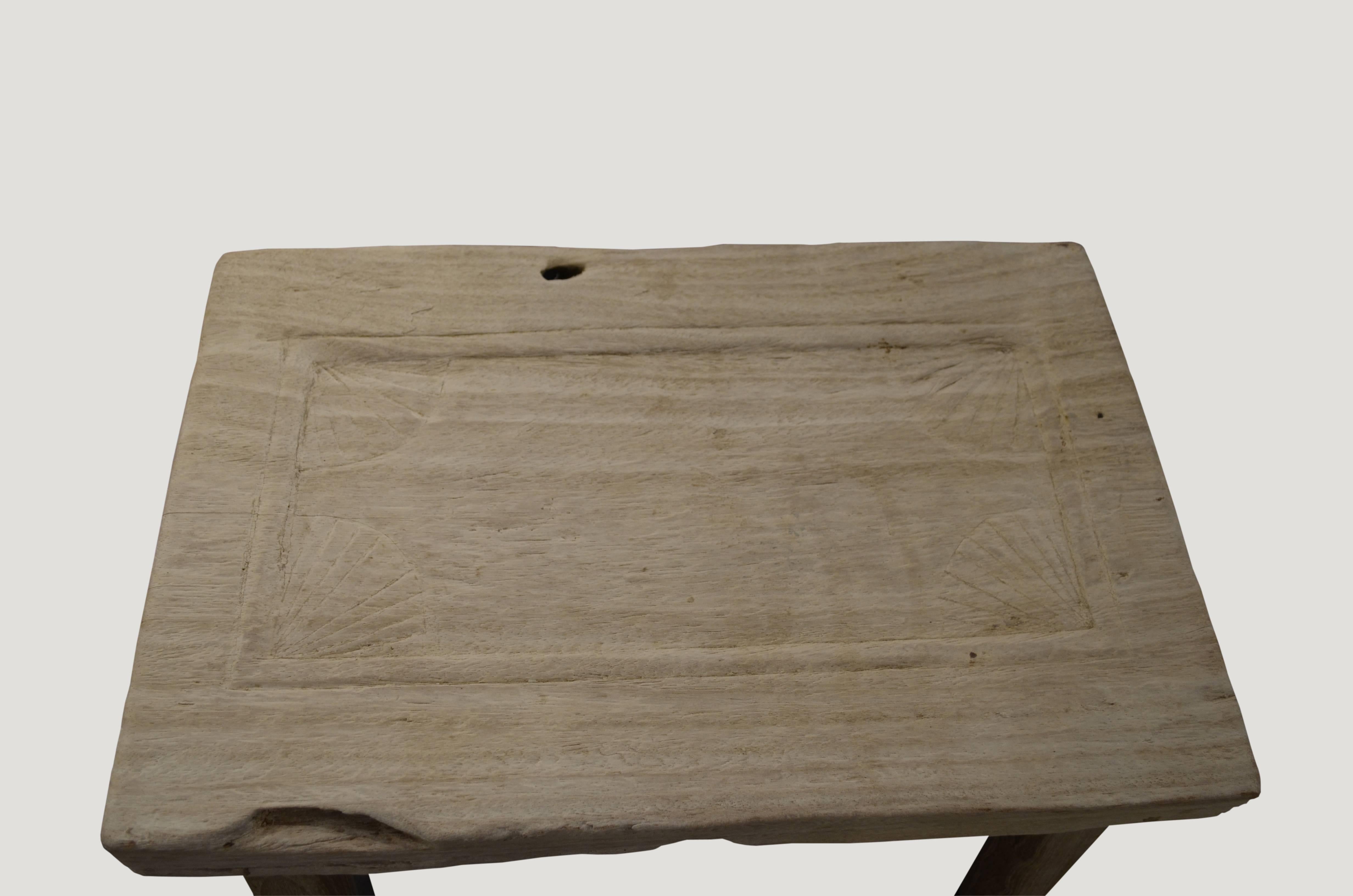 Organic Modern Andrianna Shamaris Bleached Teak Wood Hand-Carved Side Table or Stool