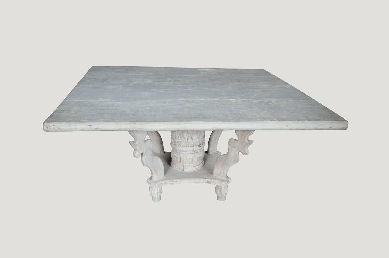 Antique bleached teak wood dining table.

The St. Barts collection features an exciting new line of organic white wash and natural weathered teak furniture. The reclaimed teak is left to bake in the sun and sea salt air for over a year to achieve