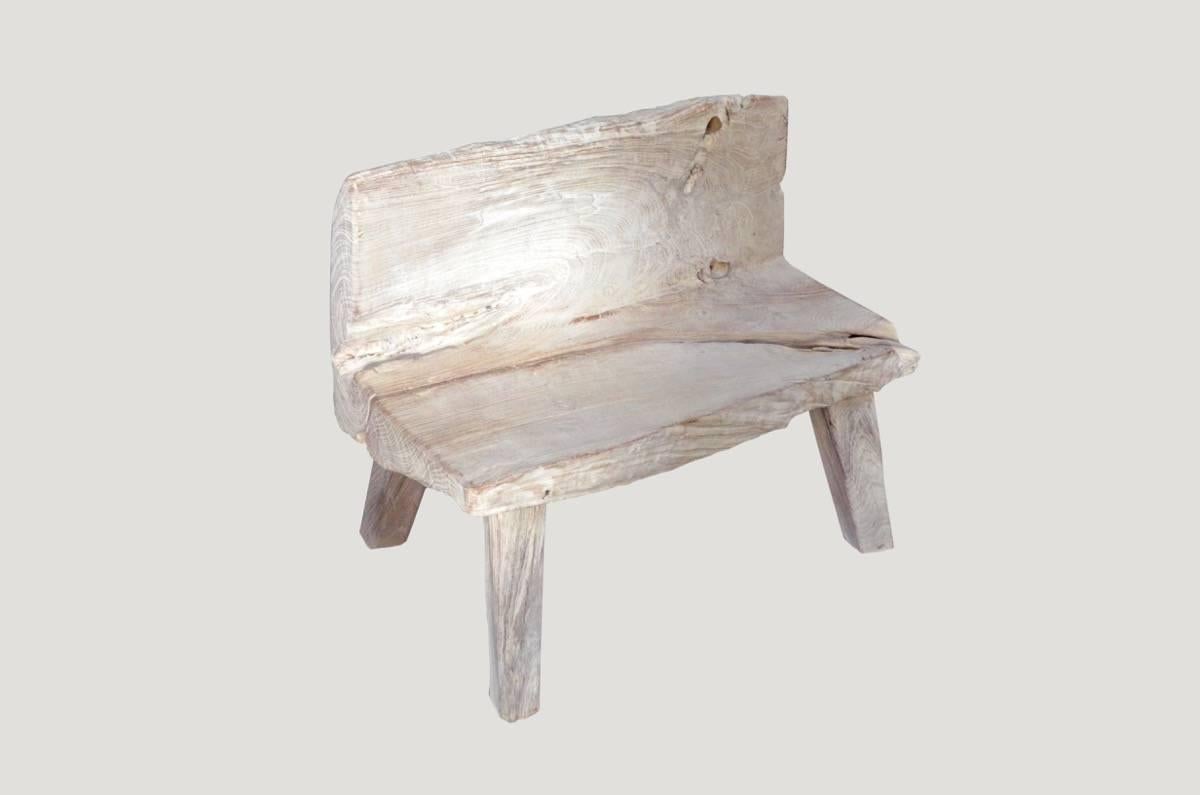 Reclaimed bleached teak wood bench. The top is hand-carved from a single slab. Perfect for inside or outside living.

The St. Barts collection features an exciting new line of organic white wash and natural weathered teak furniture. The reclaimed