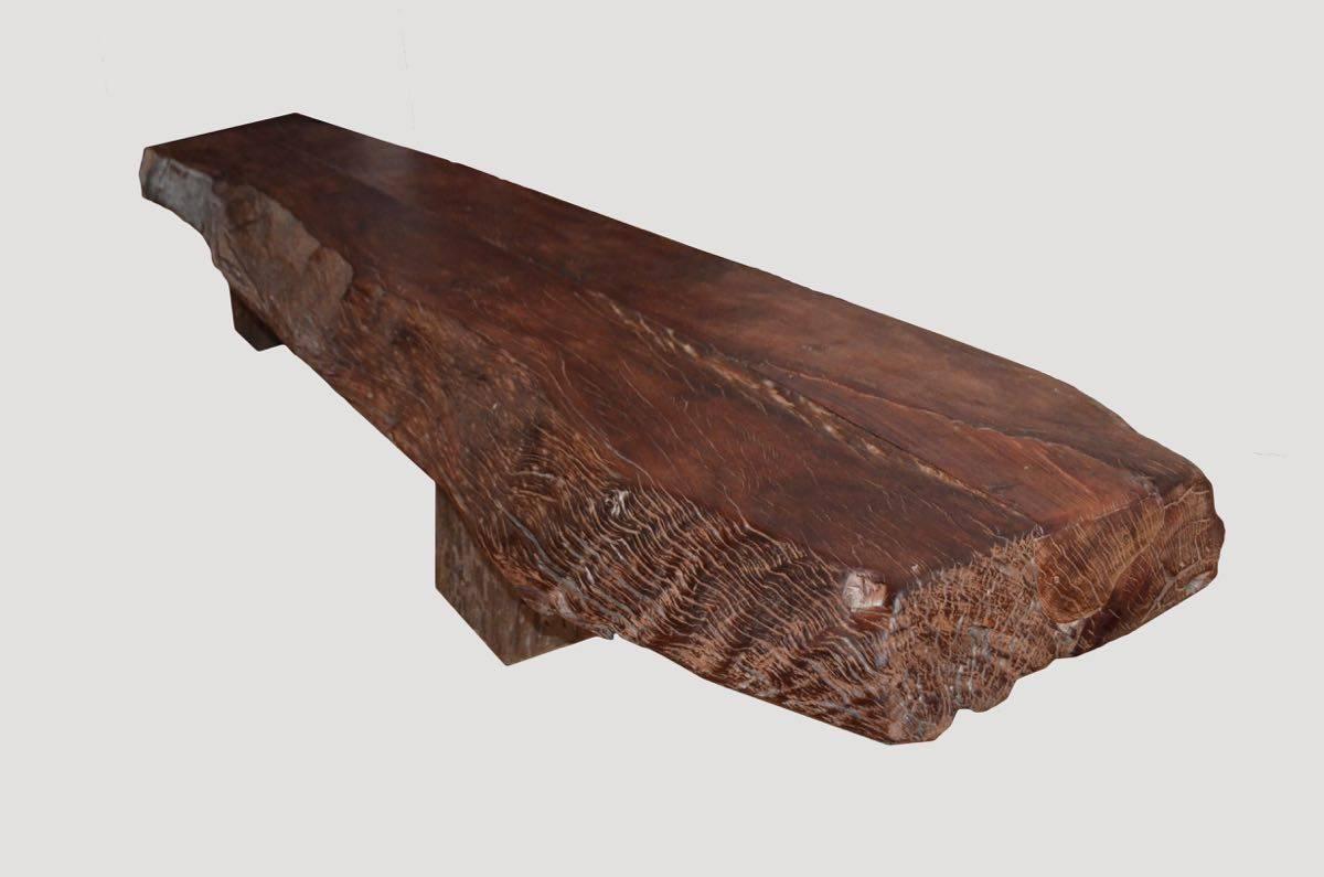 Beautiful natural teak coffee table, bench or dining table. Measure: Two 5” thick teak slabs comprise this impressive piece. Set on modern legs.

We can custom the legs for a dining table if preferred. Please inquire.

Andrianna Shamaris. The Leader