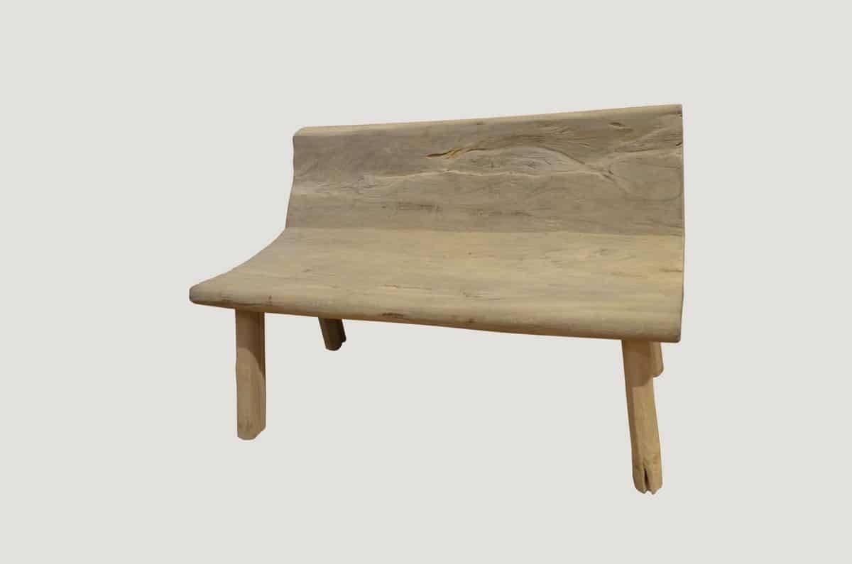 Reclaimed bleached teak wooden bench. The top is hand-carved from a single slab. Perfect for inside or outside living.

The St. Barts collection features an exciting new line of organic white wash and natural weathered teak furniture. The