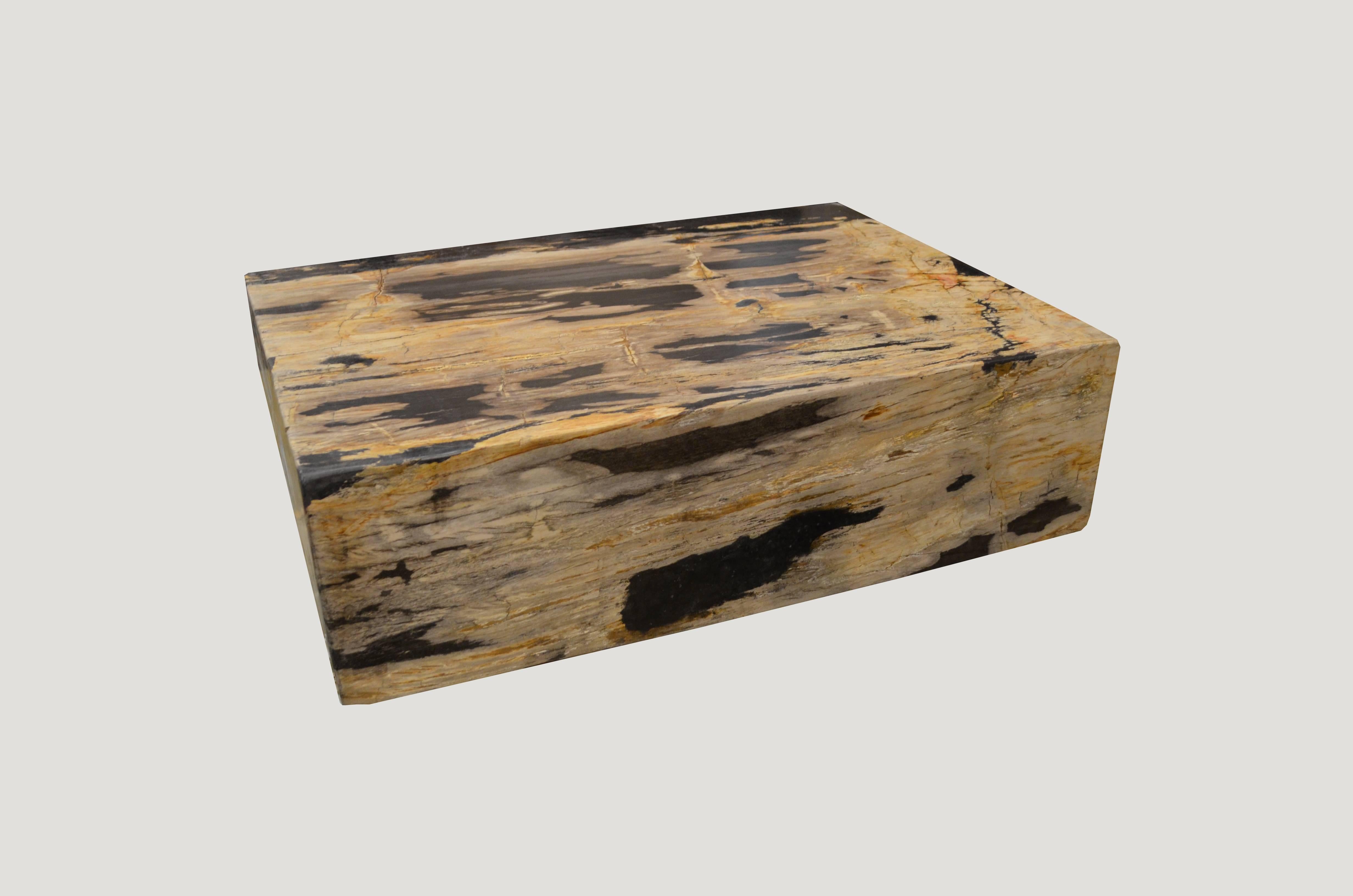 Both sides are equally beautiful yet very different. We can add a minimal style wood base to raise to your required height. This can also be used as a pedestal as shown in the image.

We source the highest quality petrified wood available. Each