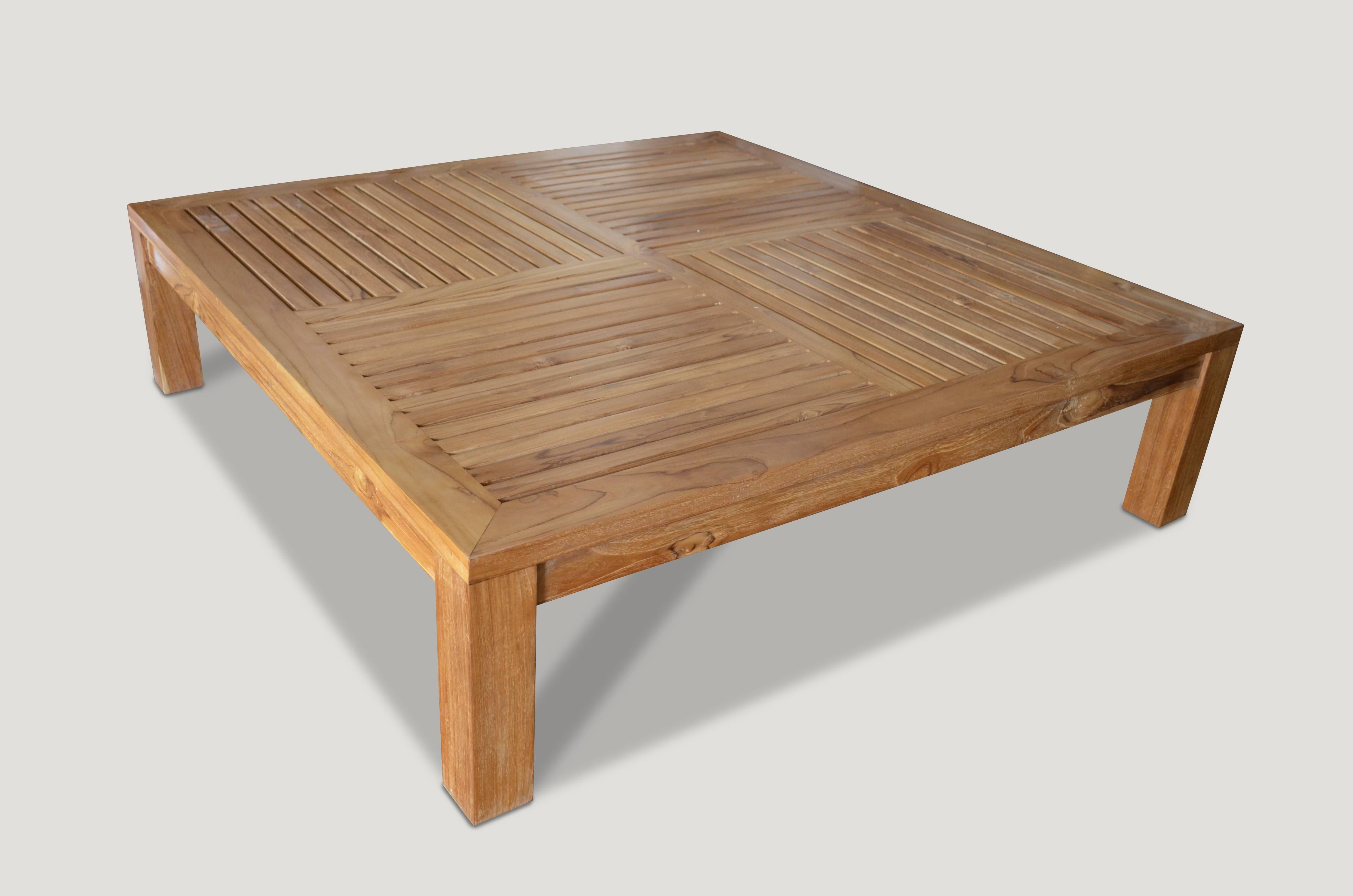 Solid teak wood framed, slatted top coffee table made from reclaimed teak with an oil finish to enhance the natural wood. Perfect for inside or outside living.

Andrianna Shamaris. The Leader In Modern Organic Design™
 