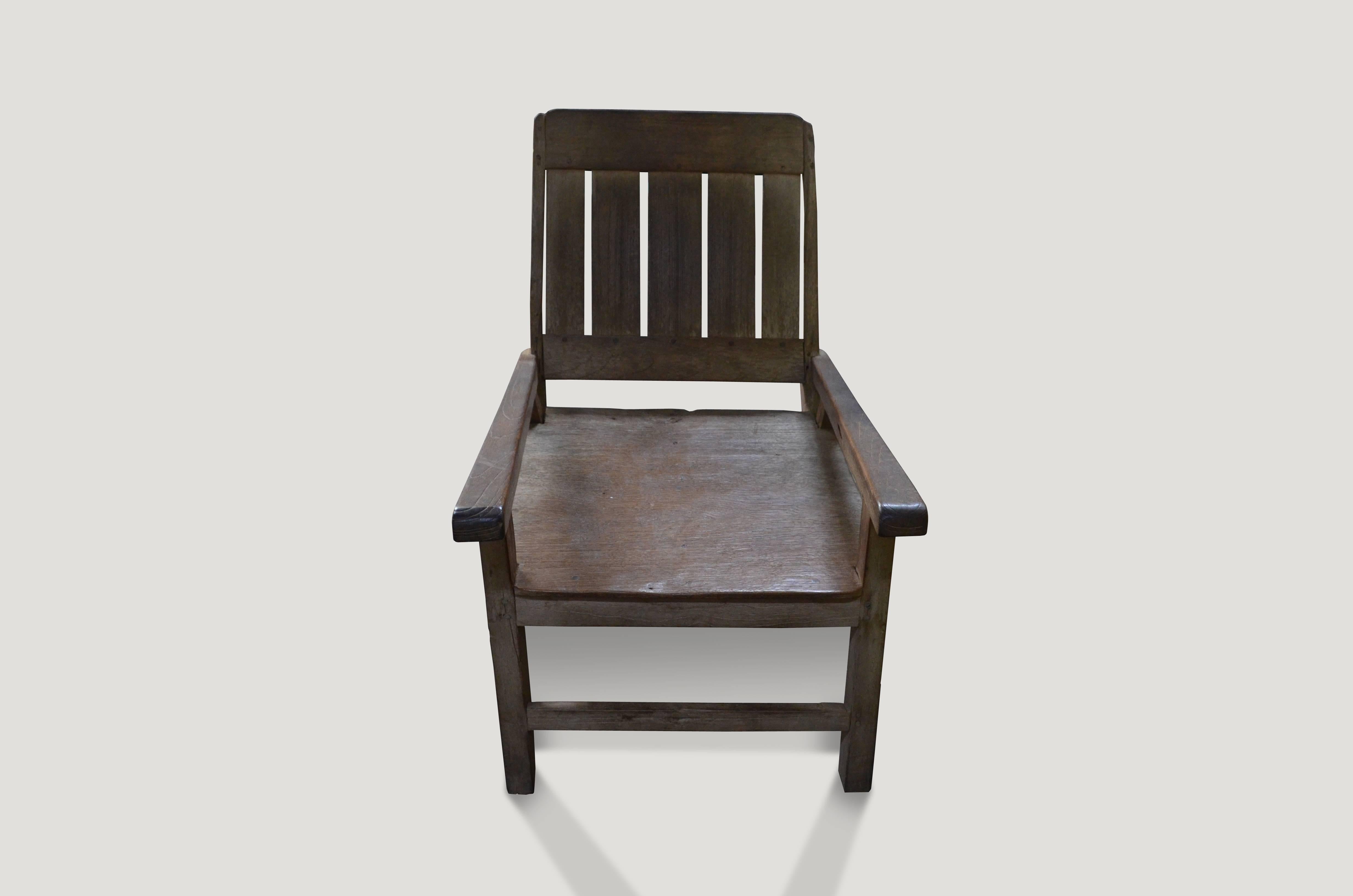 Antique teak wood relaxing chair with beautiful patina.

This chair was sourced in the spirit of wabi-sabi, a Japanese philosophy that beauty can be found in imperfection and impermanence. It’s a beauty of things modest and humble. It’s a beauty of