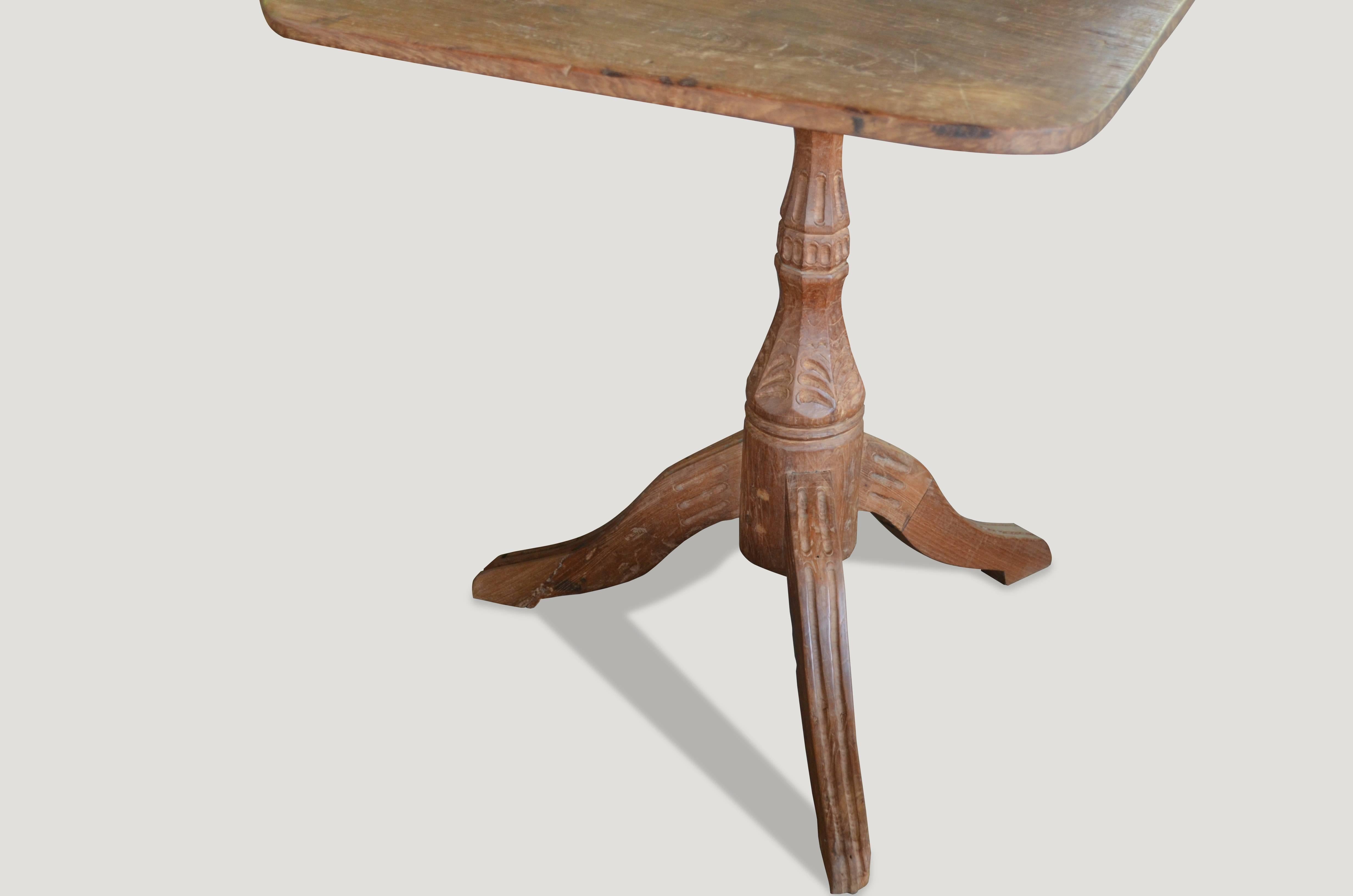 Andrianna Shamaris teak colonial hand-carved side table.

This side table was sourced in the spirit of wabi-sabi, a Japanese philosophy that beauty can be found in imperfection and impermanence. It’s a beauty of things modest and humble. It’s a