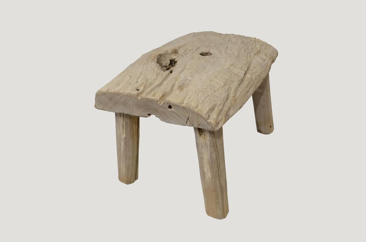 Reclaimed 2” thick slab bleached teak stool or side table. Perfect for inside or outside living.

The St. Barts collection features an exciting new line of organic white wash and natural weathered teak furniture. The reclaimed teak is left to bake