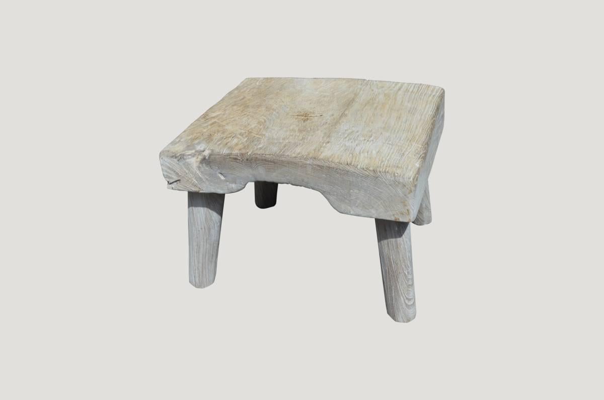 Reclaimed 3” thick slab bleached teak wood stool or side table. Perfect for inside or outside living.

The St. Barts collection features an exciting new line of organic white wash and natural weathered teak furniture. The reclaimed teak is left to