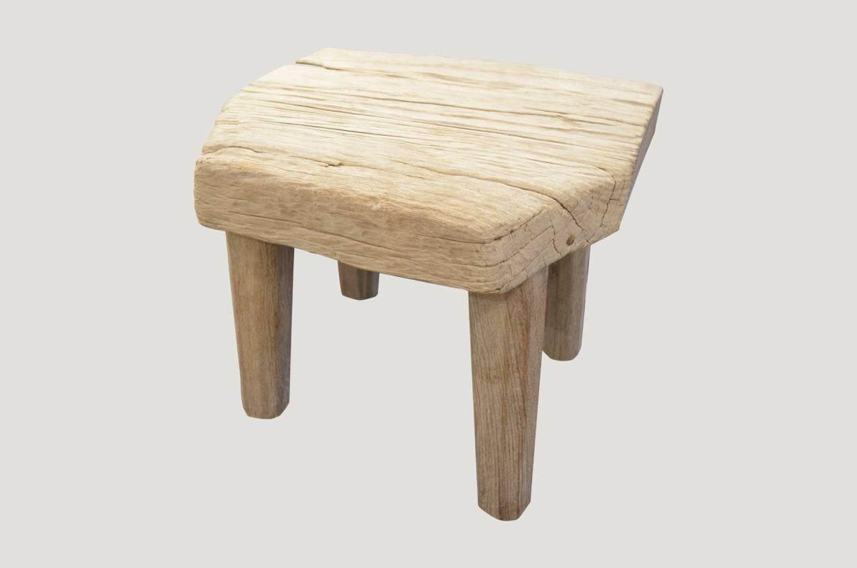Reclaimed 3” thick slab bleached teak wood stool or side table. Perfect for inside or outside living.

The St. Barts Collection features an exciting new line of organic white wash and natural weathered teak furniture. The reclaimed teak is left to