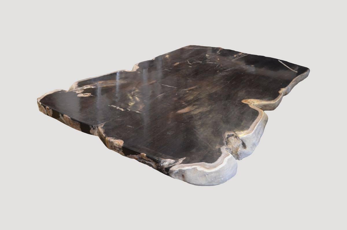 Fabulous, rare black and white two thick slab petrified wood coffee table. Floating on espresso stained base that can be modified to any height. Currently at ten inches high.

Andrianna Shamaris. The Leader In Modern Organic Design™



 