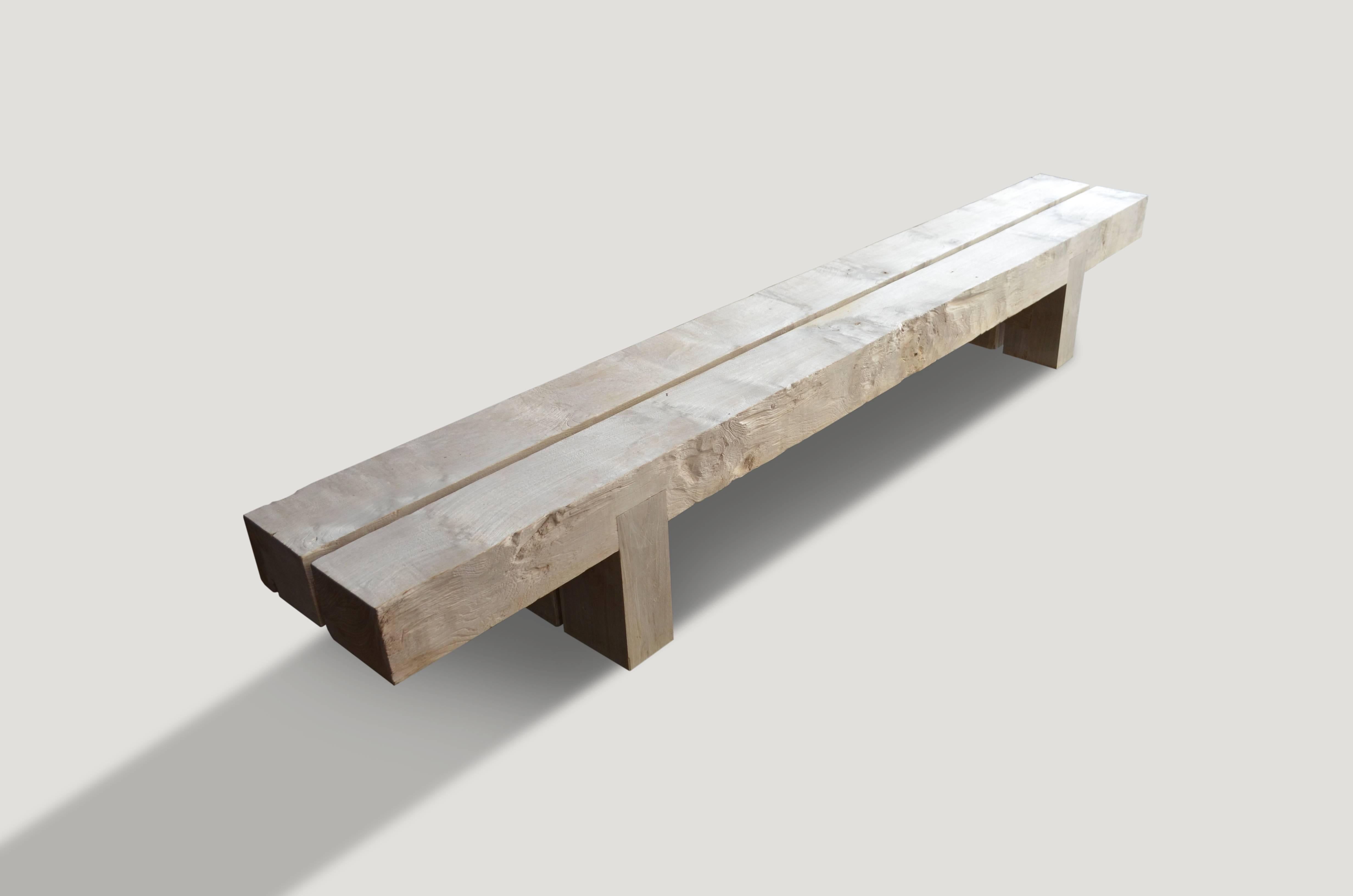 Impressive reclaimed bleached teak wood log bench. Perfect for inside or outside living. The two top pieces rest on a modern teak base.

The St. Barts collection features an exciting new line of organic white wash and natural weathered teak