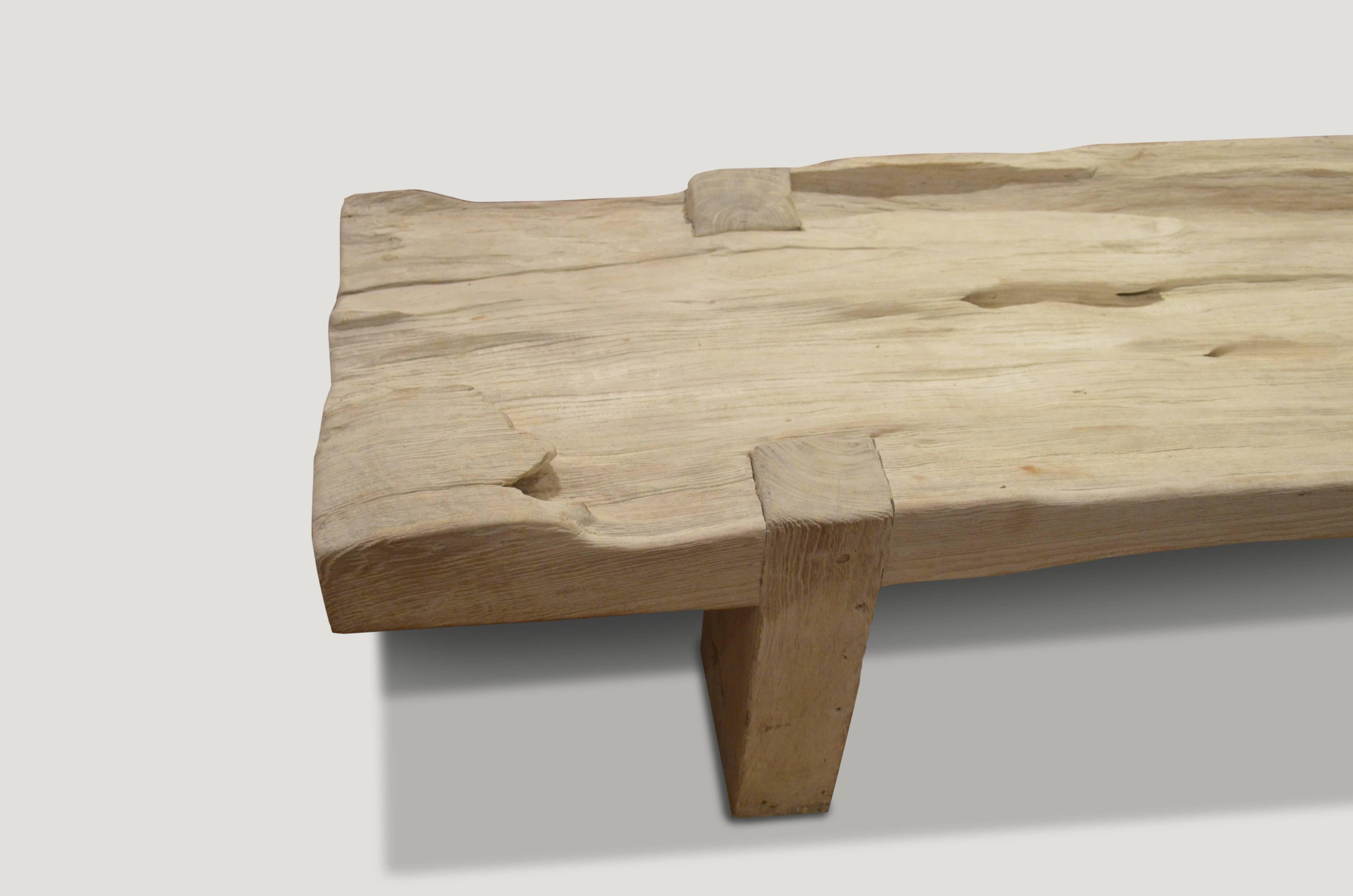 Natural eroded reclaimed teak wood slab bench or coffee table. We added the legs. Perfect for inside or outside living.

The St. Barts Collection features an exciting new line of organic white wash and natural weathered teak furniture. The reclaimed