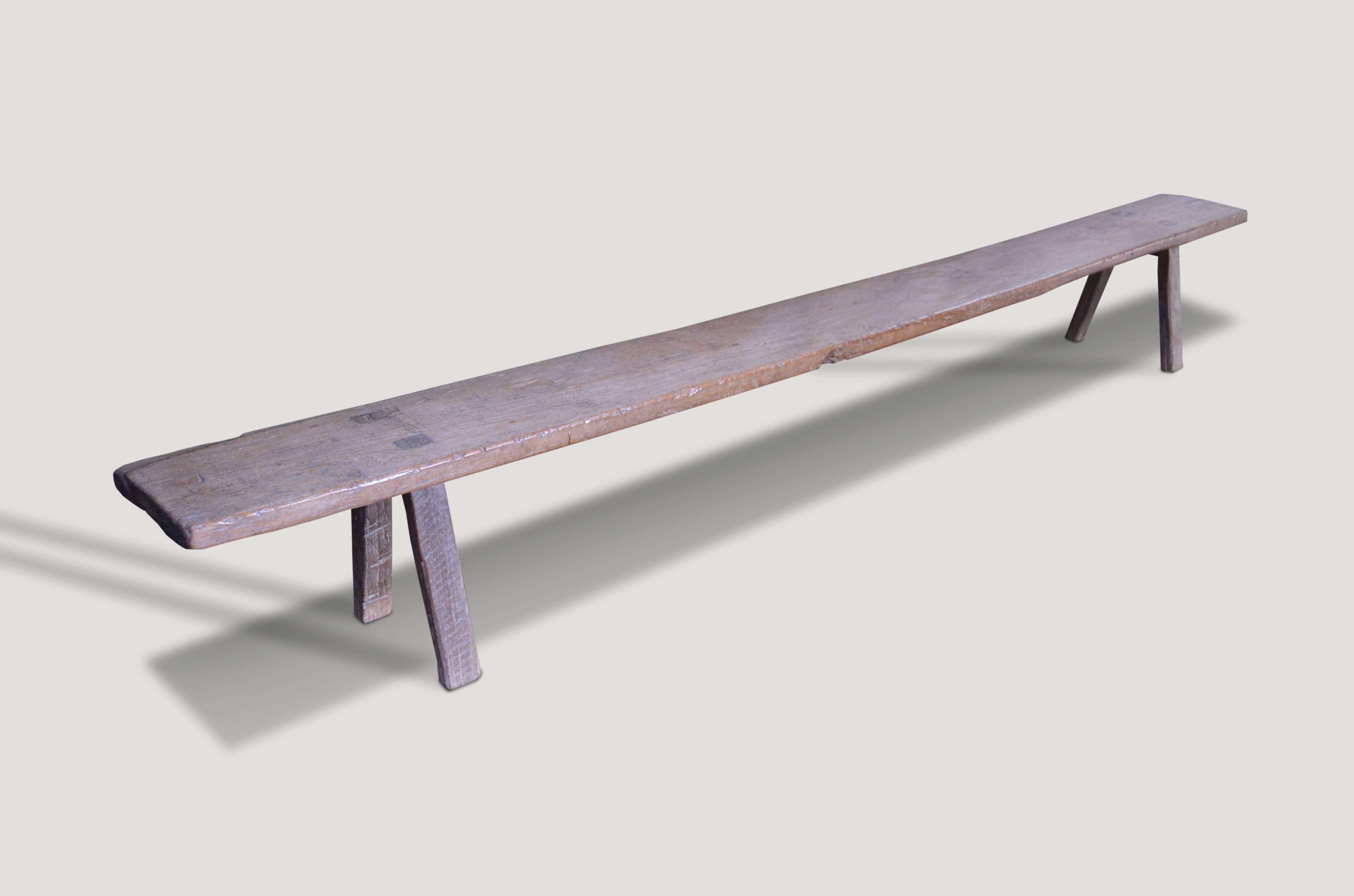 Single, aged teak wood panel bench or shelf with beautiful patina.

This bench was sourced in the spirit of wabi-sabi, a Japanese philosophy that beauty can be found in imperfection and impermanence. It’s a beauty of things modest and humble. It’s a