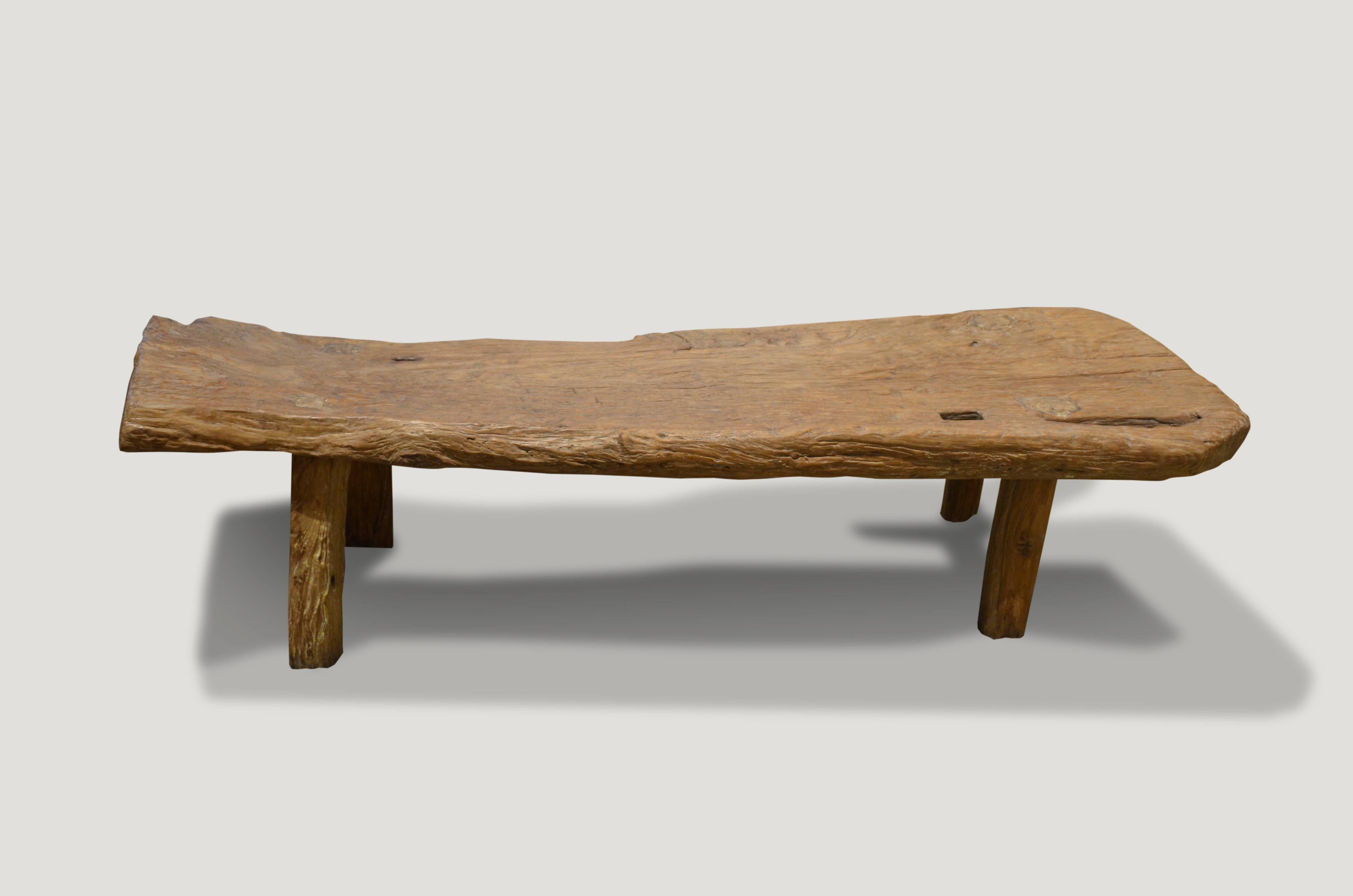 Antique teak wood, single slab top, bench or coffee table.

This bench or coffee table was sourced in the spirit of wabi-sabi, a Japanese philosophy that beauty can be found in imperfection and impermanence. It’s a beauty of things modest and