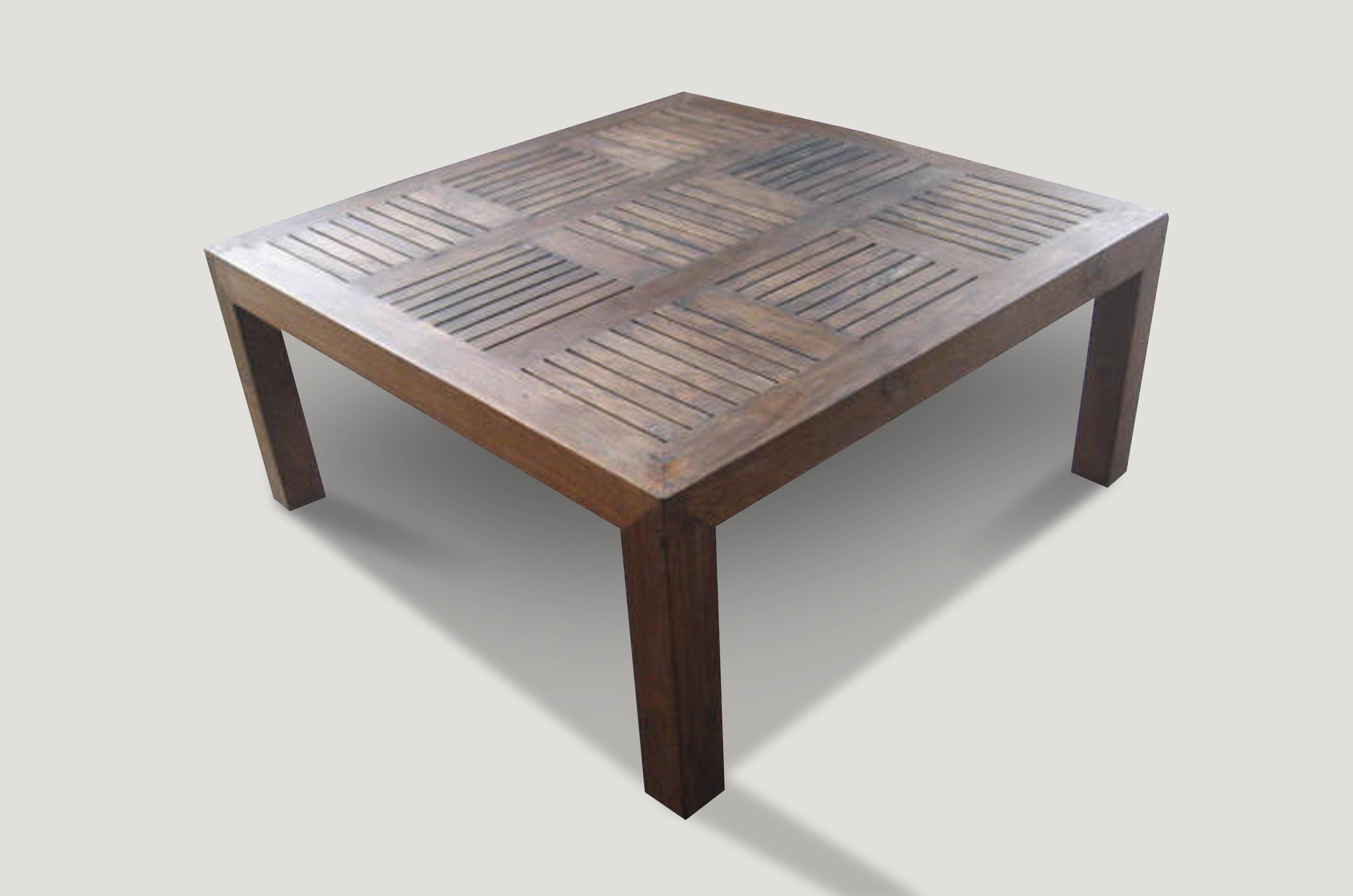 Solid teak wood framed, slatted top coffee table made from reclaimed teak wood with an oil finish to enhance the natural grain in the wood. Perfect for inside or outside living.

Andrianna Shamaris, Inc. The Leader In Modern Organic Design™