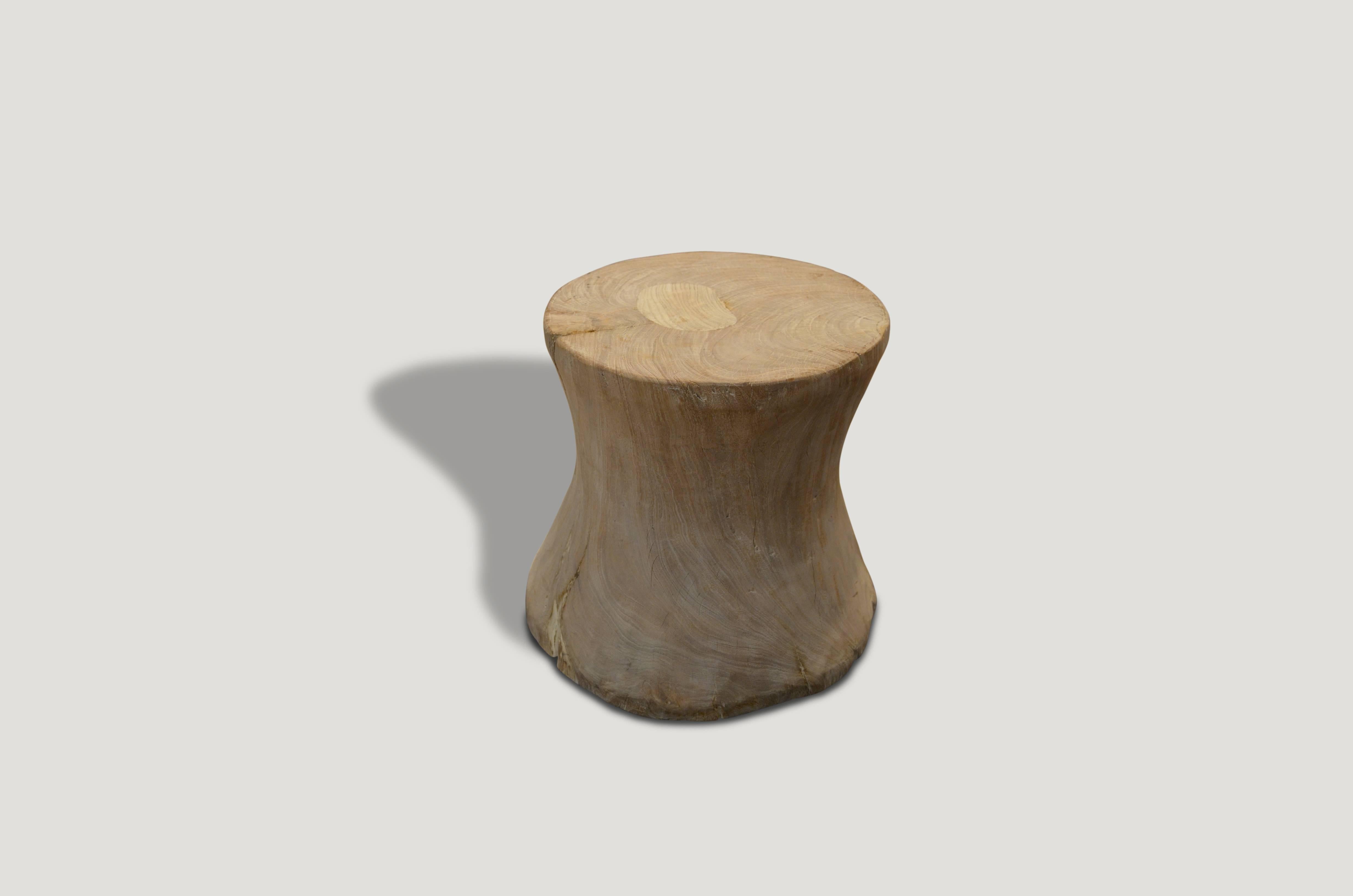 Weathered teak wood side table or stool.

The St. Barts collection features an exciting new line of organic white wash and natural weathered teak furniture. The reclaimed teak is left to bake in the sun and sea salt air for over a year to achieve