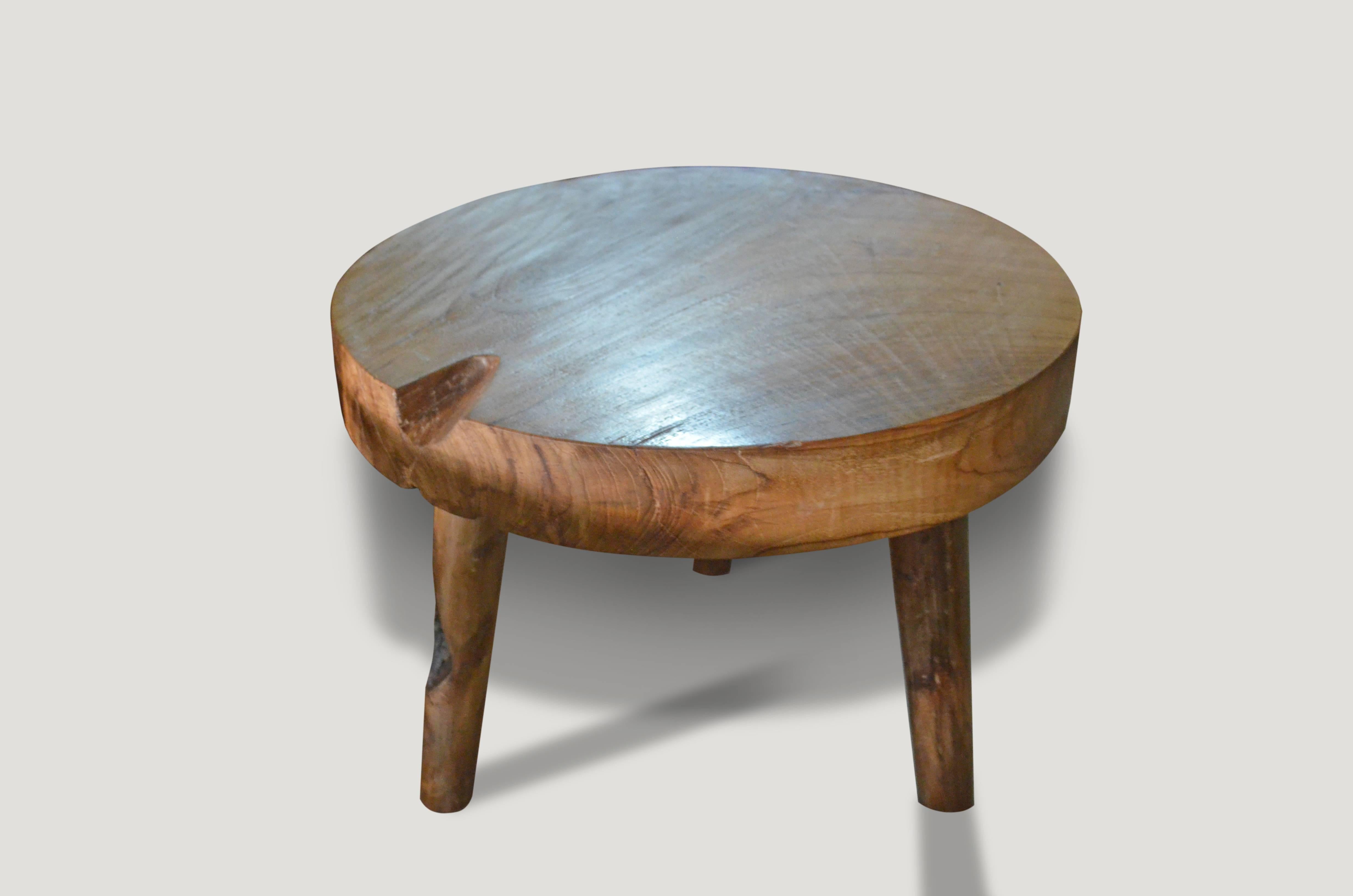 Single slab reclaimed teak wood side table with a natural oil finish. Floating on midcentury style legs. Pair available.

Measures: 22″ dia x 16″ high x 3″ single slab top.

Andrianna Shamaris. The Leader In Modern Organic Design™