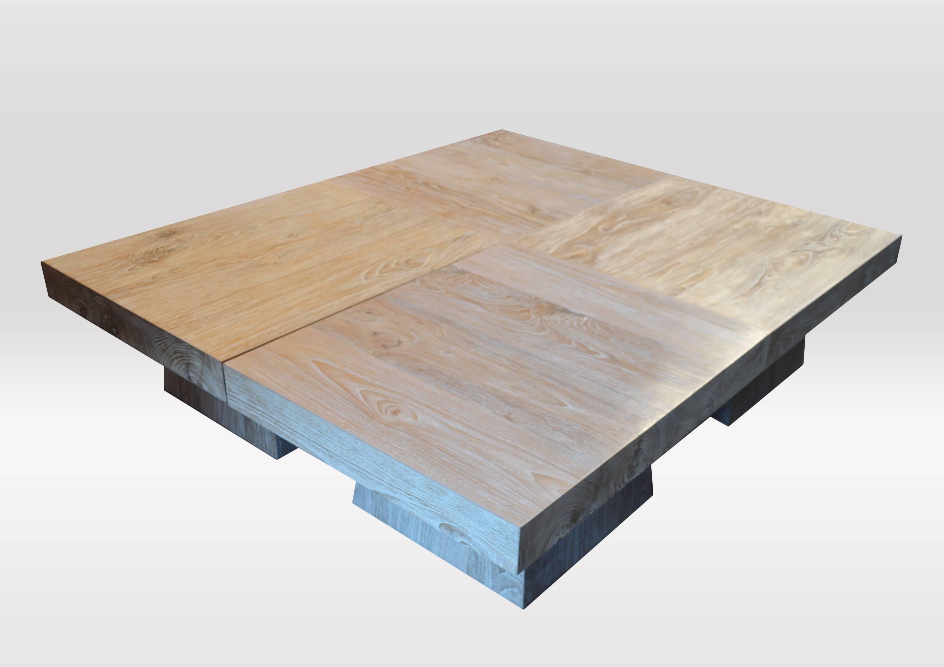 Minimal teak wood table made from 4″ thick logs joined to form a solid top. Rests on a modern teak wood base. Four available to make a larger table.

Andrianna Shamaris. The Leader In Modern Organic Design™