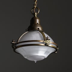 Rare aged brass caged Holophane pendant light English 1910