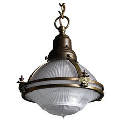 Rare aged brass caged Holophane pendant light English 1910