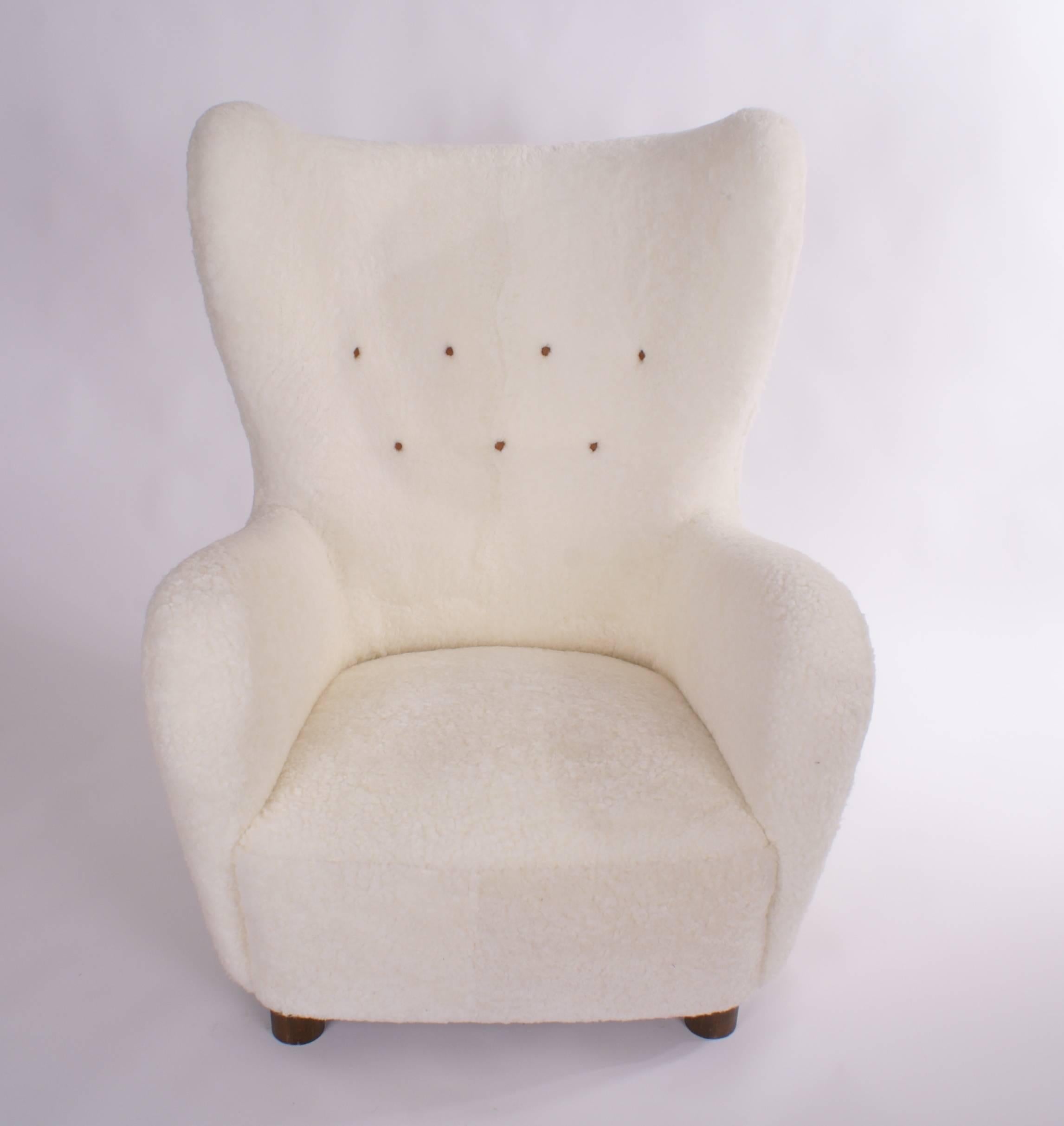 Danish 1940s Lounge Chair Upholstered in Sheepskin 3