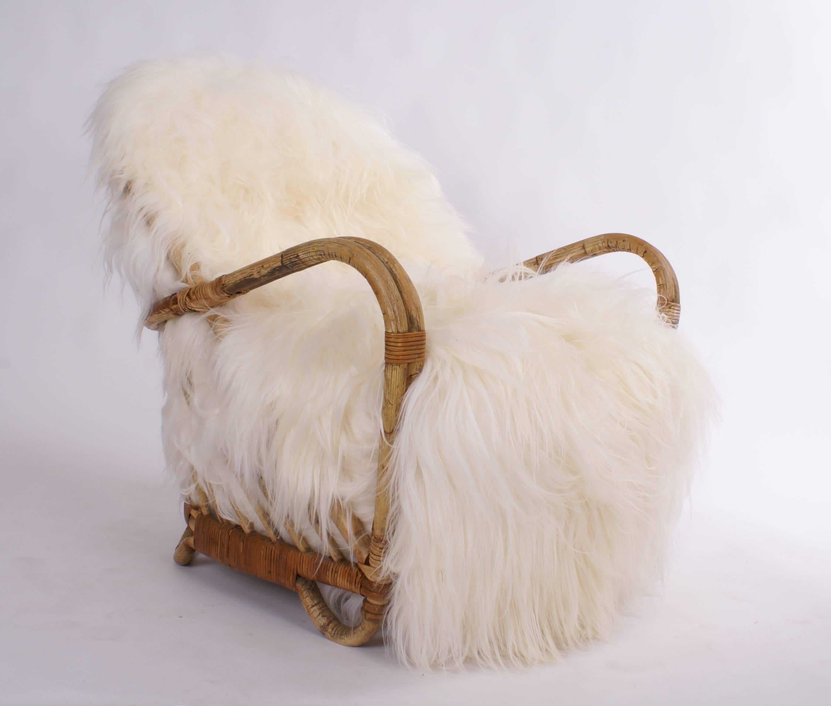 rattan chair with sheepskin