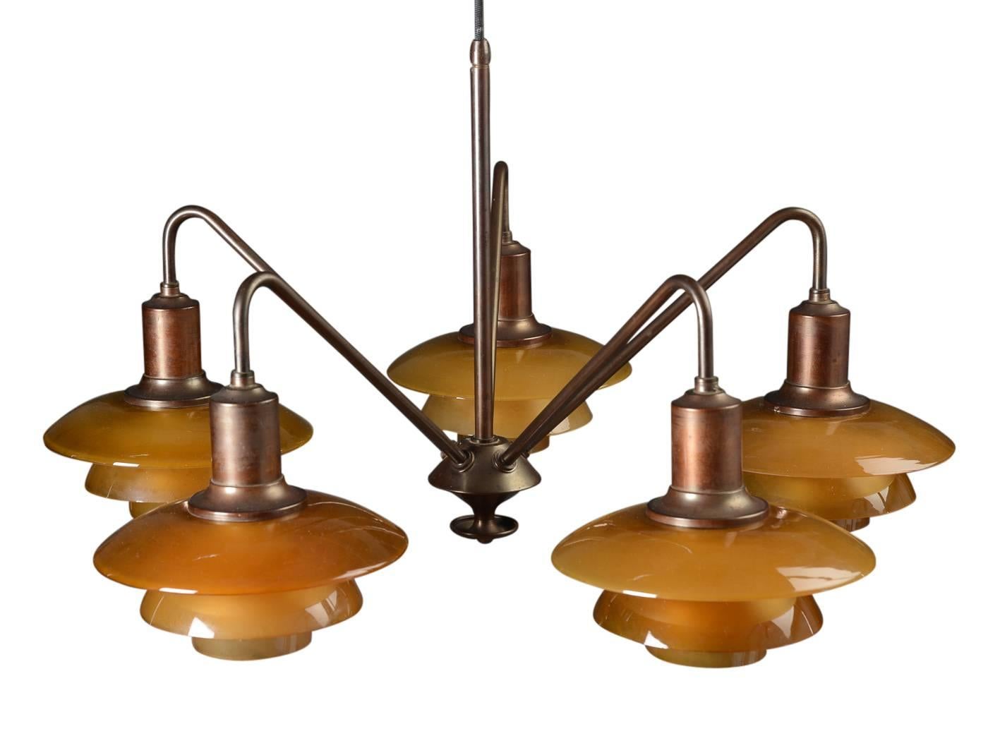 Danish Poul Henningsen 'Emperor' Chandelier with Amber Colored Glass, 1930s