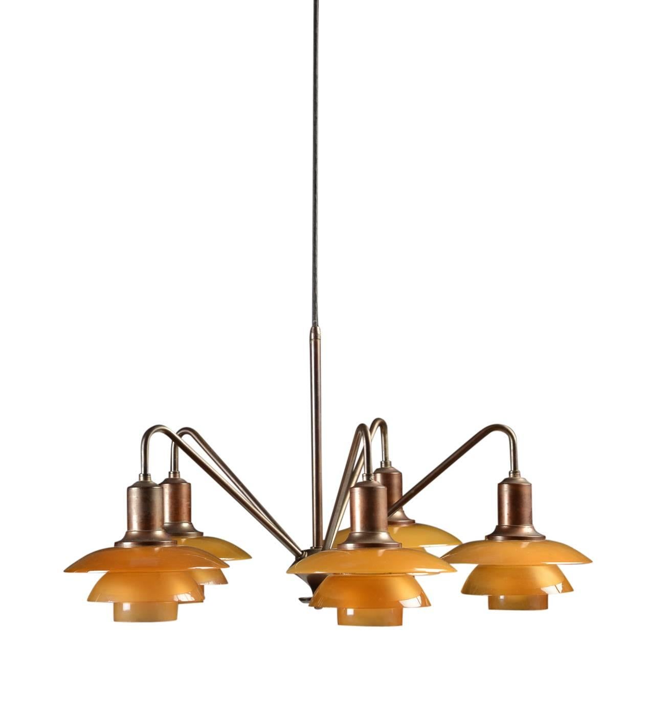 Poul Henningsen 'Emperor' Chandelier with Amber Colored Glass, 1930s In Excellent Condition In Copenhagen, DK