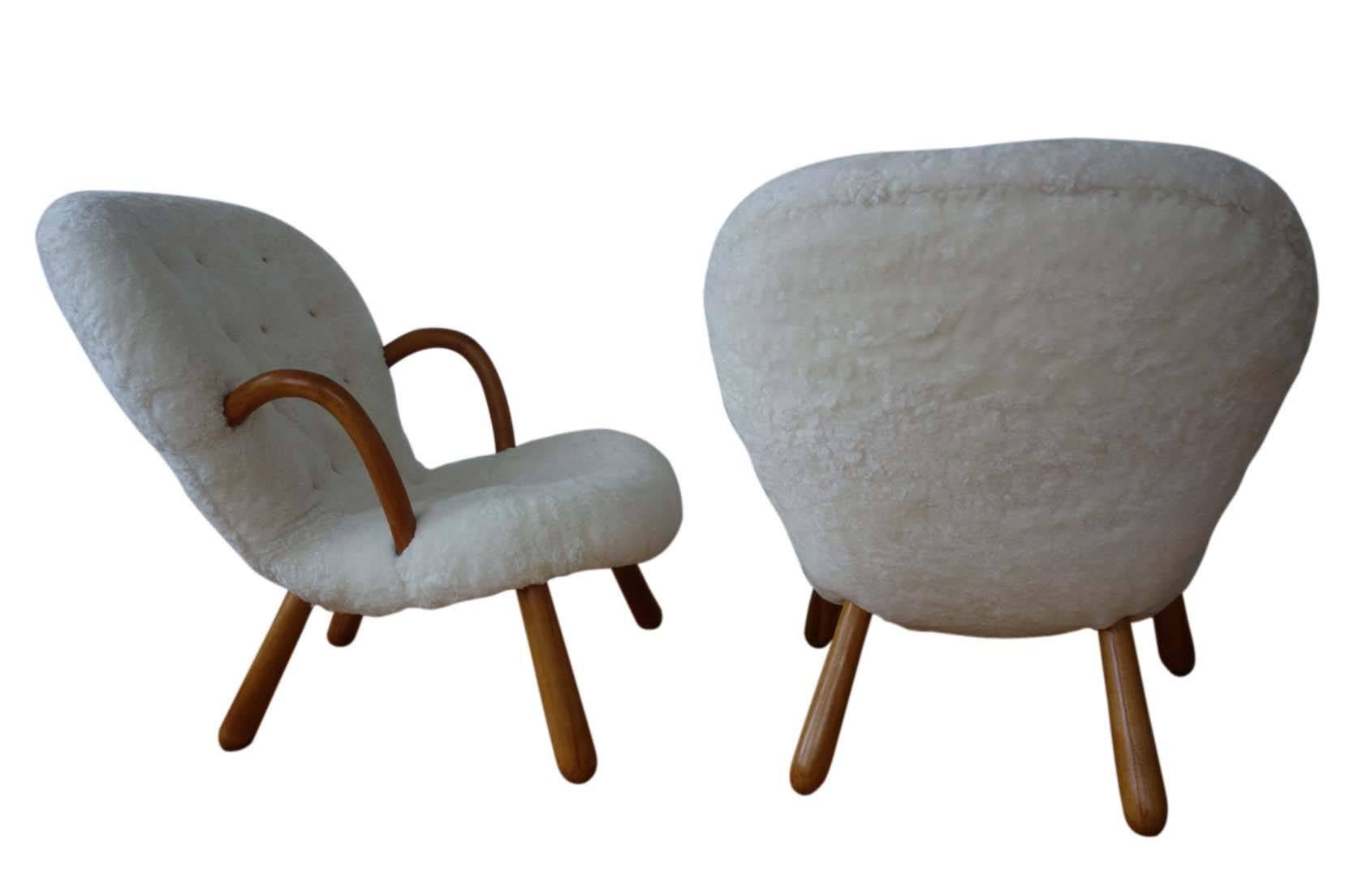 Scandinavian Modern Philip Arctander Pair of 'Clam' Easy Chairs in Sheepskin