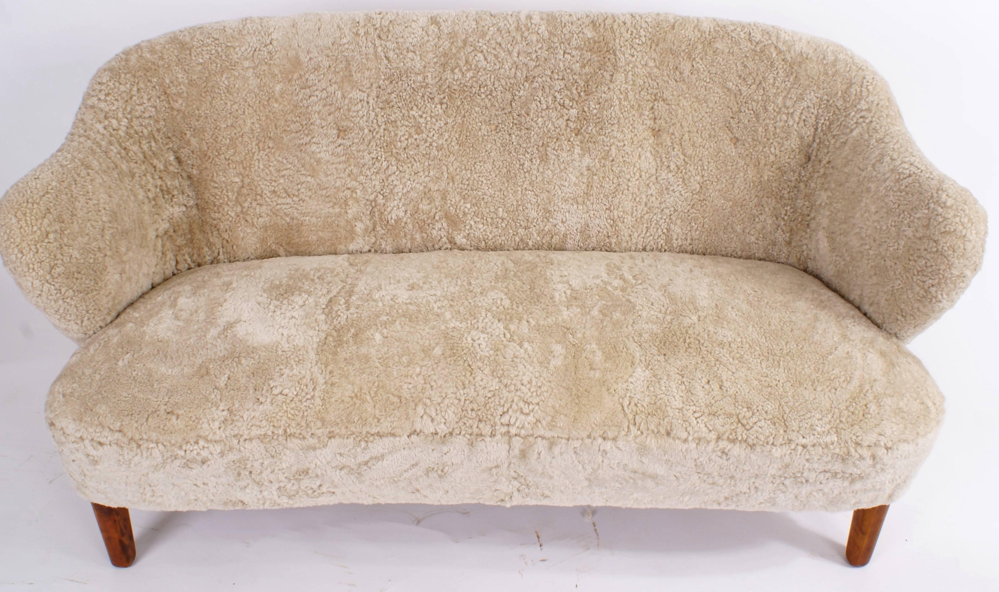 Danish Flemming Lassen Settee in Pale Grey Sheepskin, 1940s