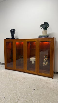Mid-Century Modern Wood Display Cabinet w/ Glass Doors & Lights