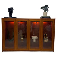 Vitrina de madera moderna de mediados de siglo con puertas de cristal y luces